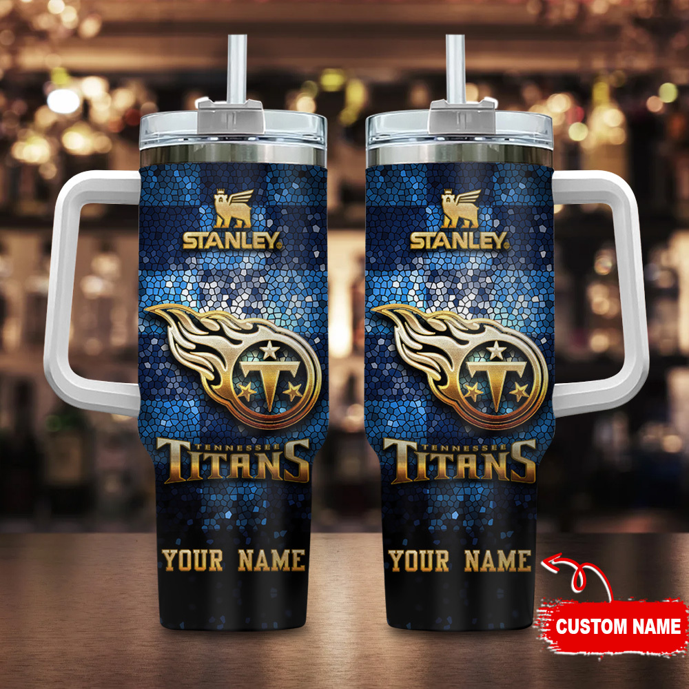 Tennessee Titans NFL Glitter Golden Logo Custom Stanley Quencher 40oz Stainless Steel Tumbler With Handle