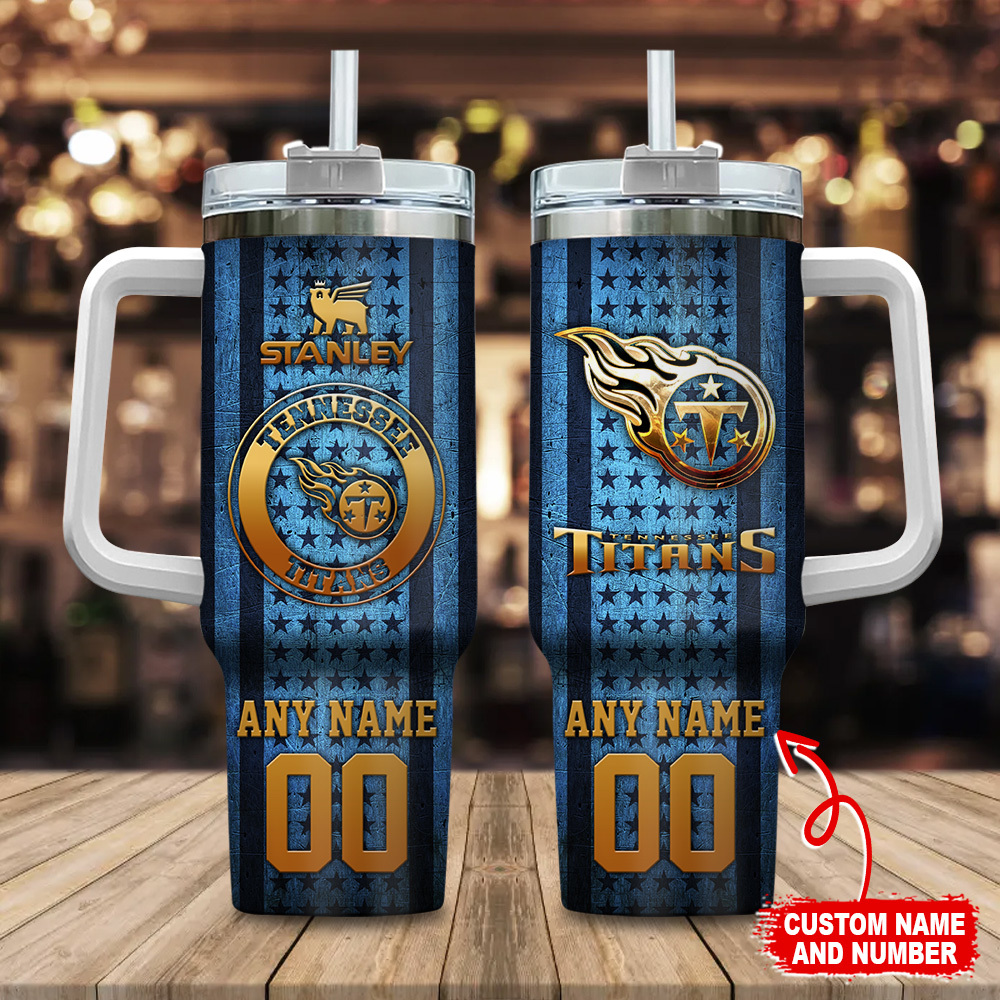 Tennessee Titans NFL Golden Logos US Flag Custom Stanley Quencher 40oz Stainless Steel Tumbler With Handle