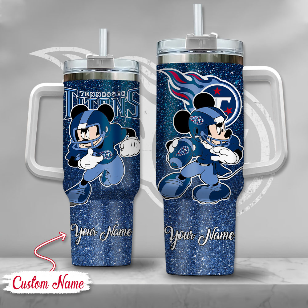 Tennessee Titans NFL Mickey Mouse Glitter Custom Stanley Quencher 40oz Stainless Steel Tumbler With Handle