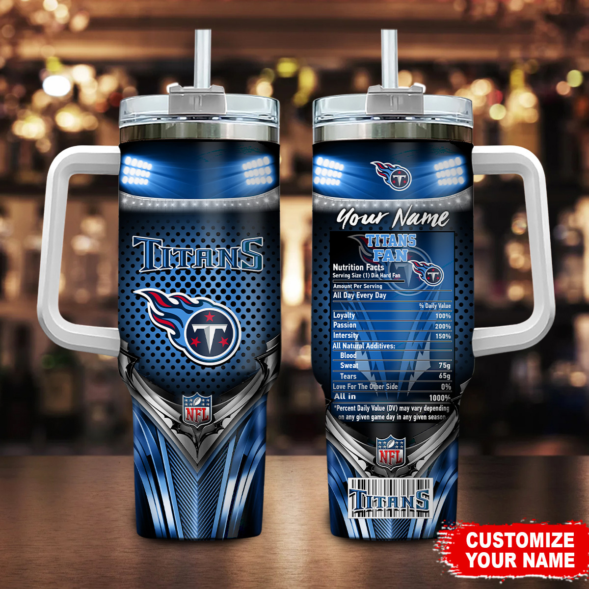 Tennessee Titans NFL Nutrition Facts Custom Stanley Quencher 40oz Stainless Steel Tumbler With Handle