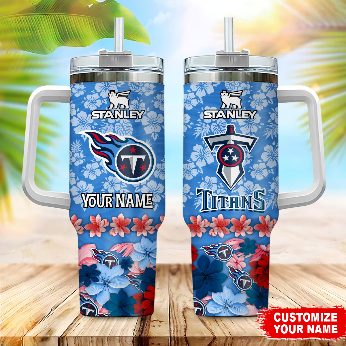 Tennessee Titans NFL Tropical Floral Custom Stanley Quencher 40oz Stainless Steel Tumbler With Handle