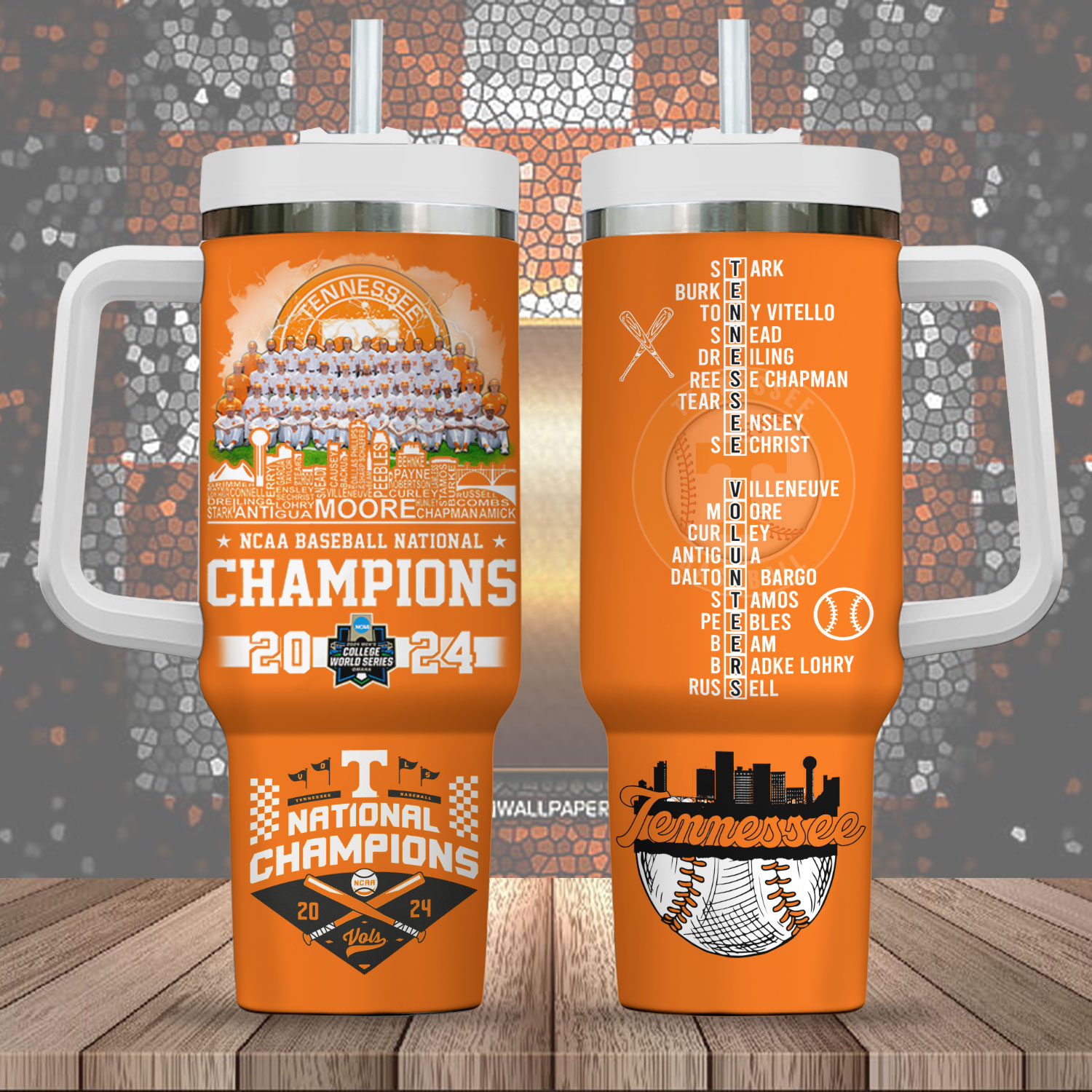 Tennessee Volunteers Baseball NCAA Custom Stanley Quencher 40oz Stainless Steel Tumbler With Handle