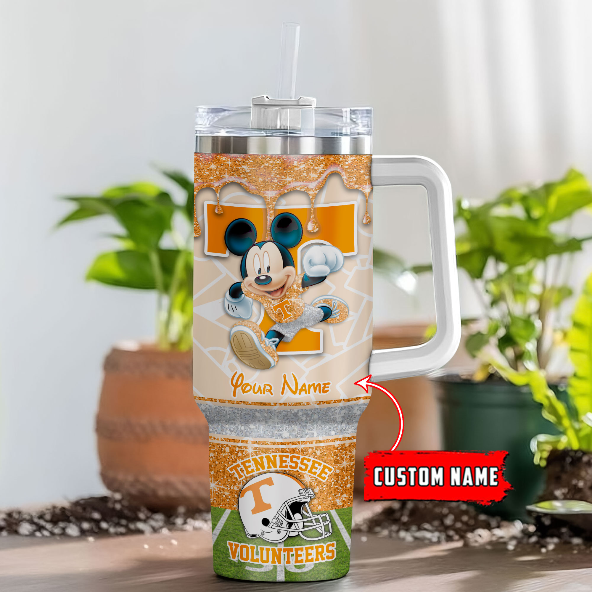 Tennessee Volunteers NCAA Mickey Mouse Glitter Custom Stanley Quencher 40oz Stainless Steel Tumbler With Handle
