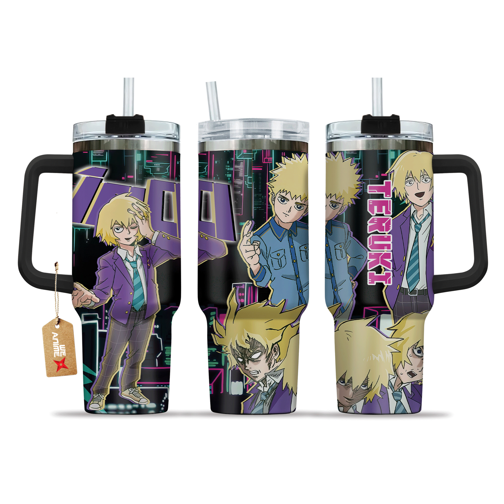 Teruki Hanazawa Mob Psycho 100 Anime Custom Stanley Quencher 40oz Stainless Steel Tumbler With Handle