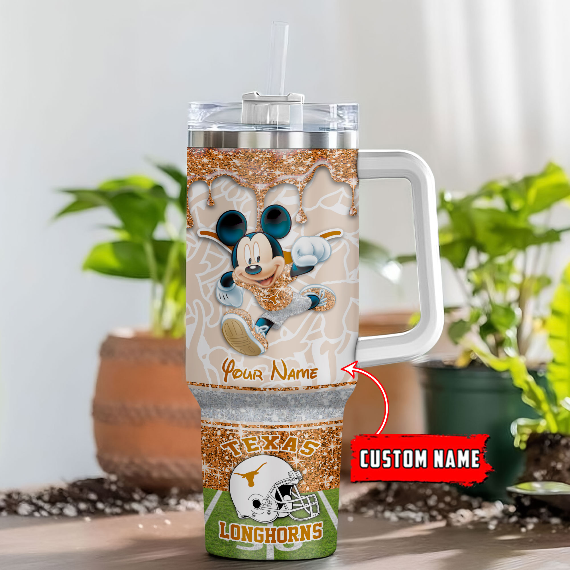 Texas Longhorns NCAA Mickey Mouse Glitter Custom Stanley Quencher 40oz Stainless Steel Tumbler With Handle