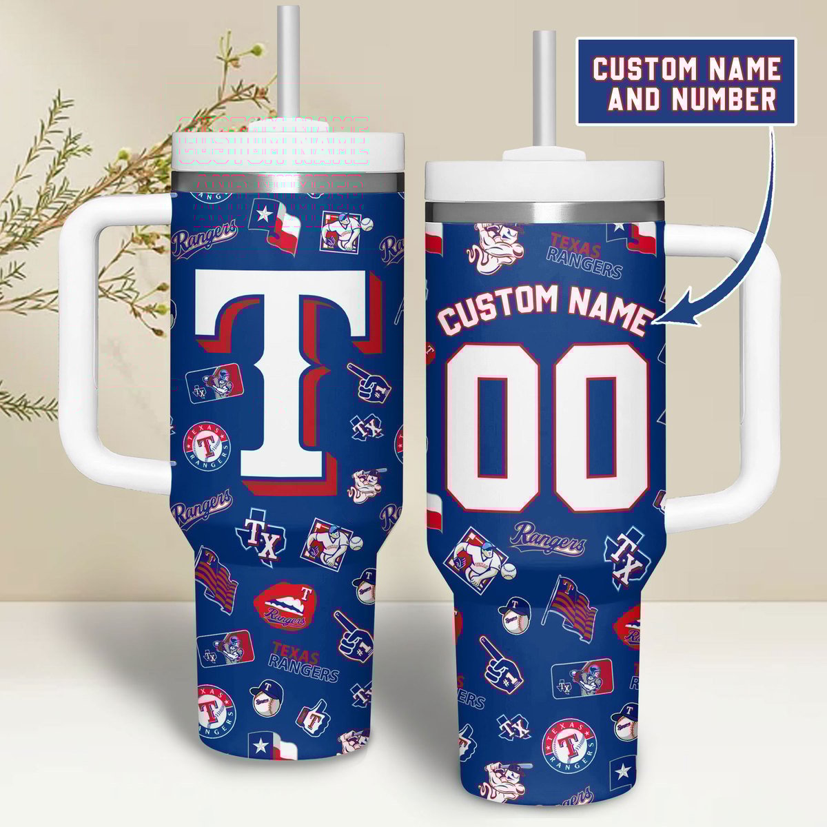 Texas Rangers MLB Custom Stanley Quencher 40oz Stainless Steel Tumbler With Handle