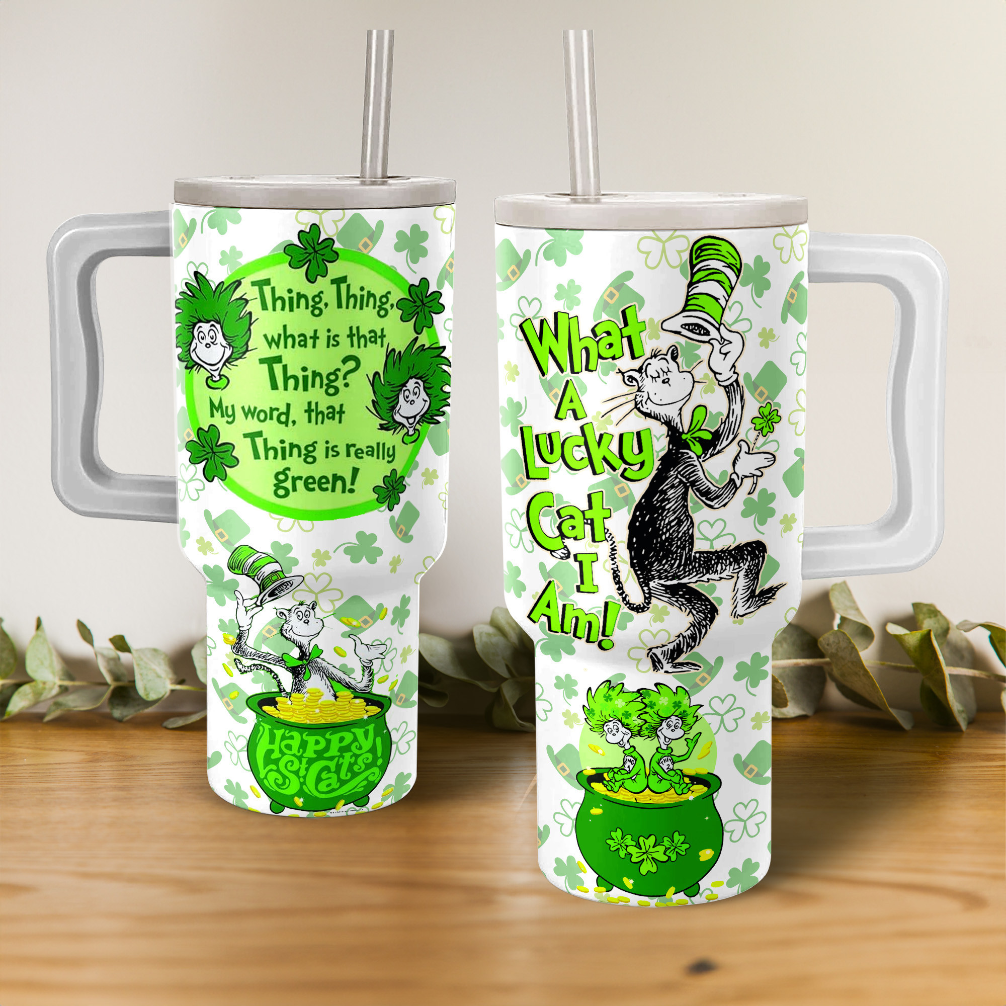 The Cat In The Hat St. Patrick's Day Custom Stanley Quencher 40oz Stainless Steel Tumbler With Handle