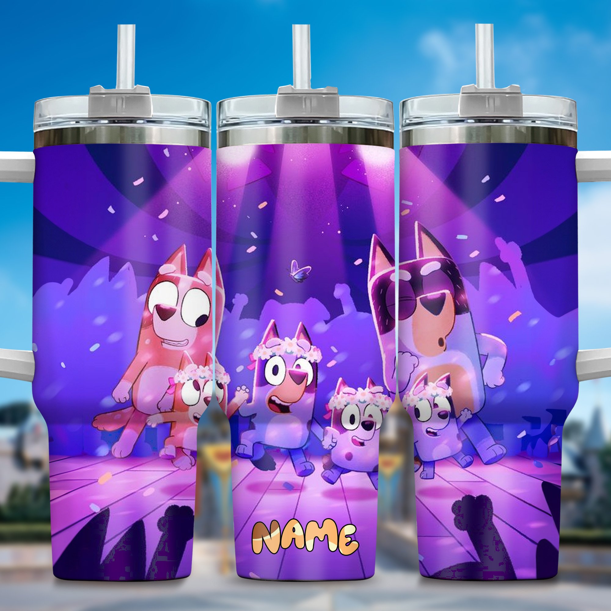 The Family Bluey Cartoon Custom Stanley Quencher 40oz Stainless Steel Tumbler With Handle