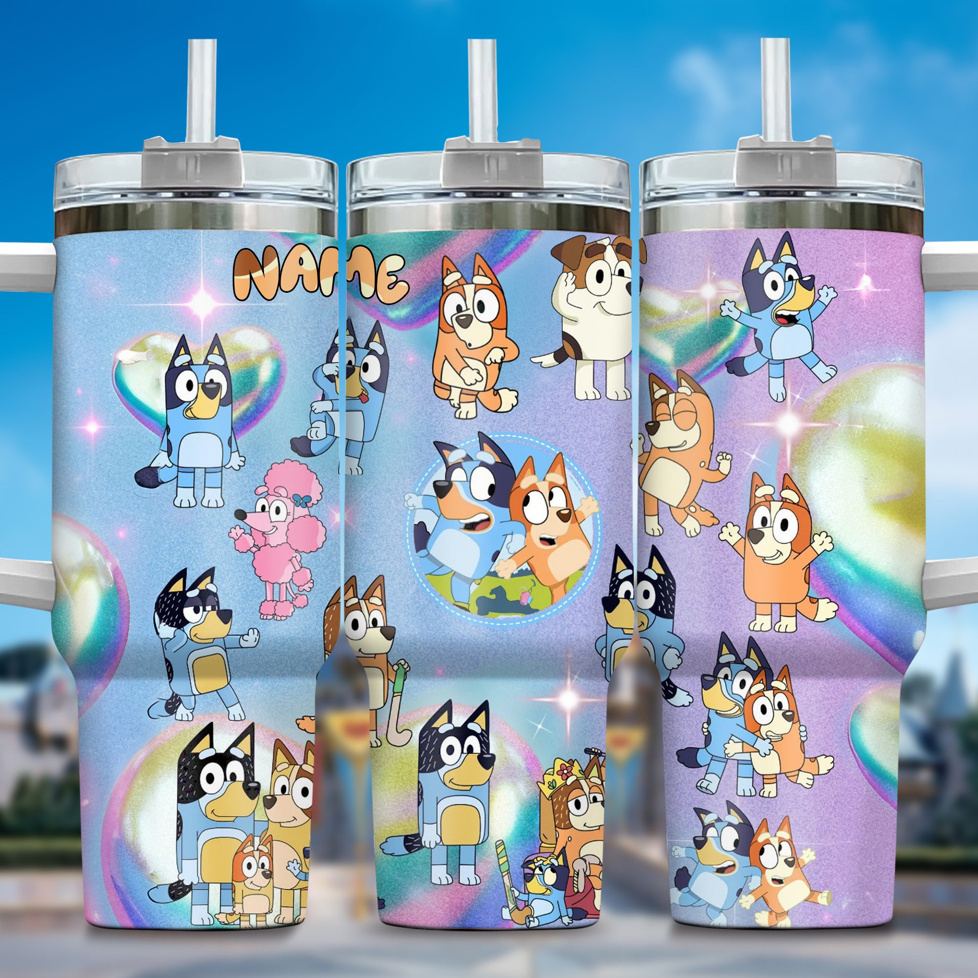 The Family Bluey Cartoon Custom Stanley Quencher 40oz Stainless Steel Tumbler With Handle