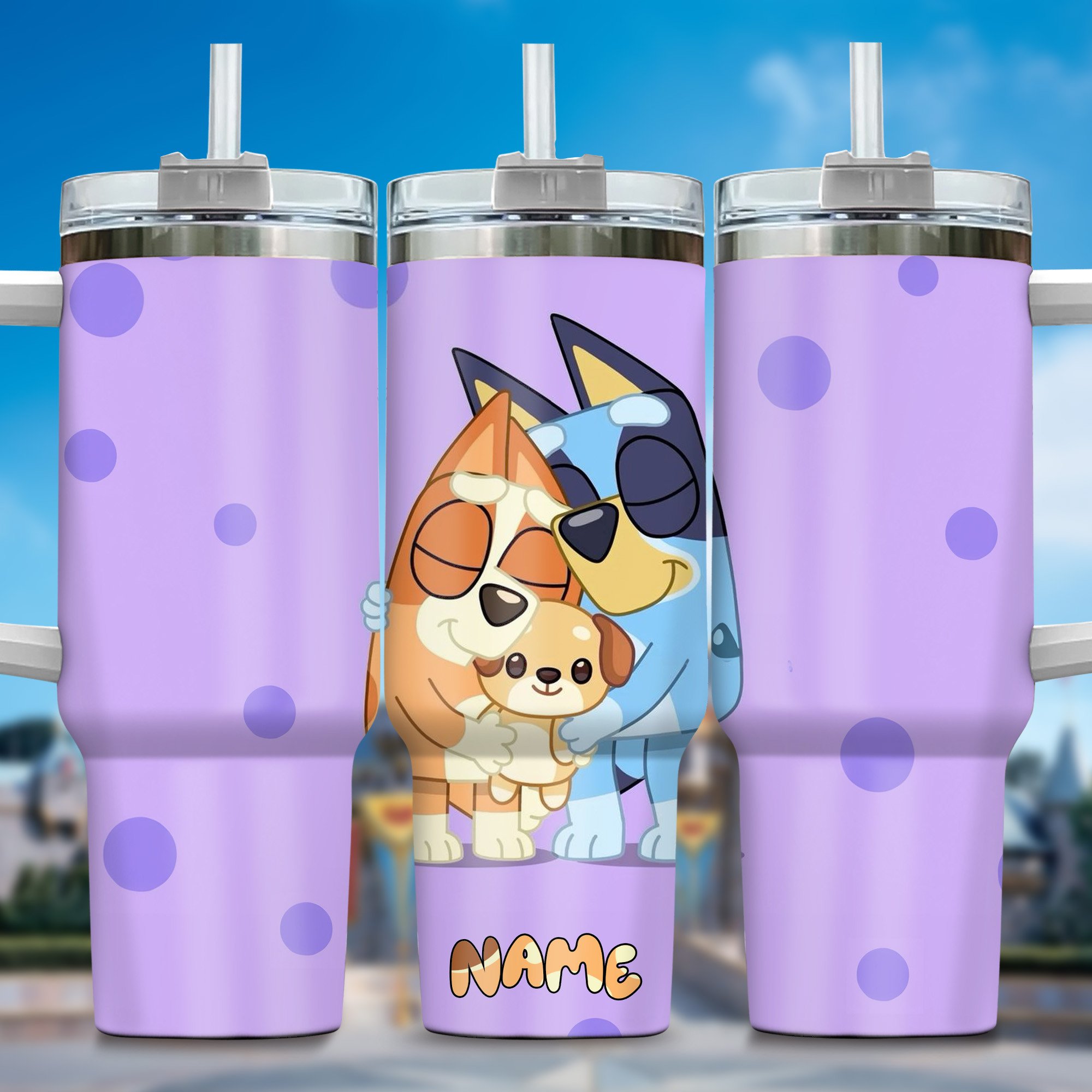 The Family Bluey Cartoon Custom Stanley Quencher 40oz Stainless Steel Tumbler With Handle