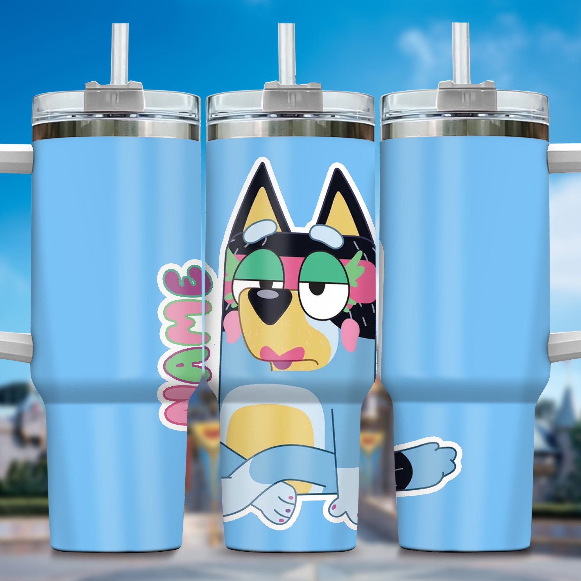 The Family Bluey Cartoon Custom Stanley Quencher 40oz Stainless Steel Tumbler With Handle
