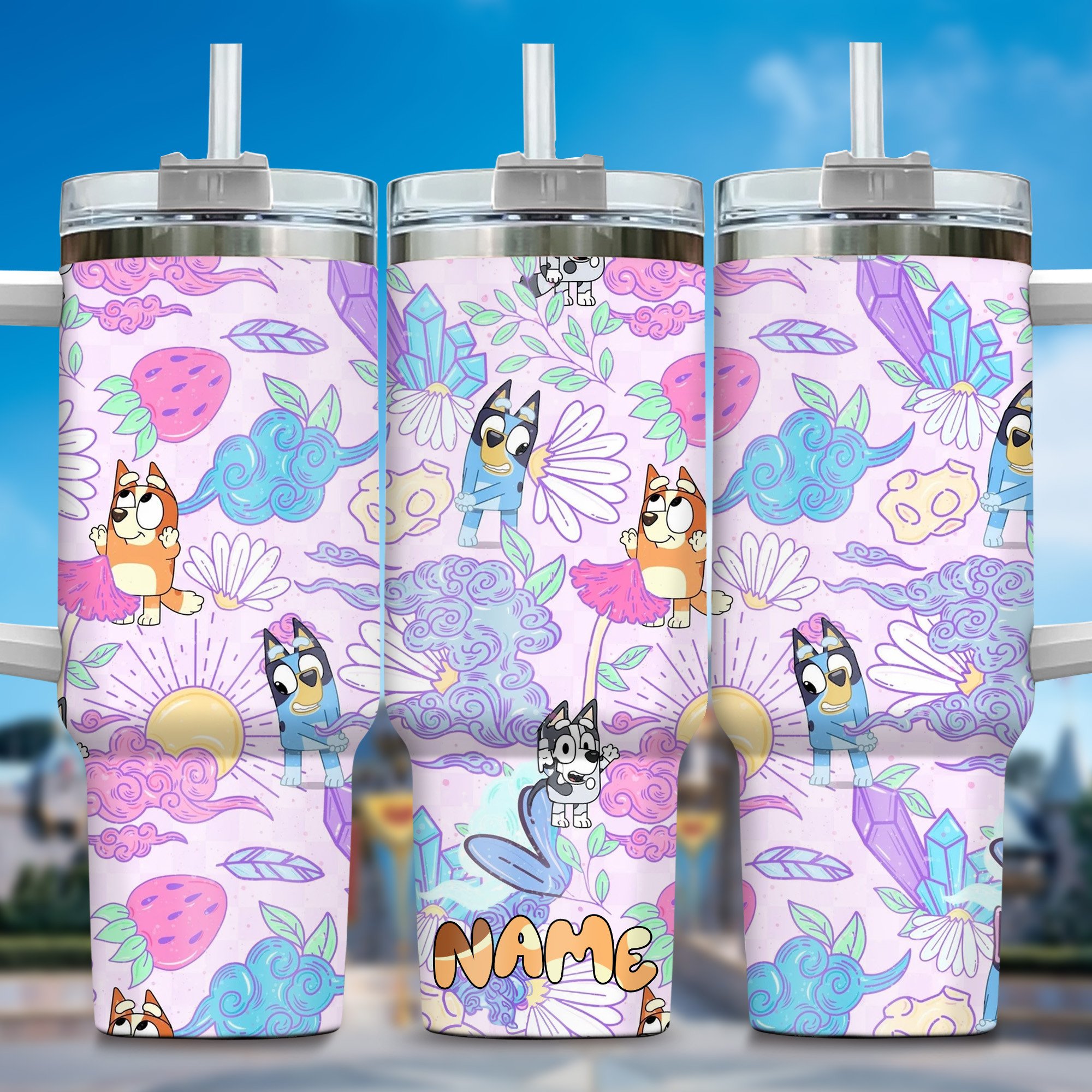 The Family Bluey Cartoon Custom Stanley Quencher 40oz Stainless Steel Tumbler With Handle