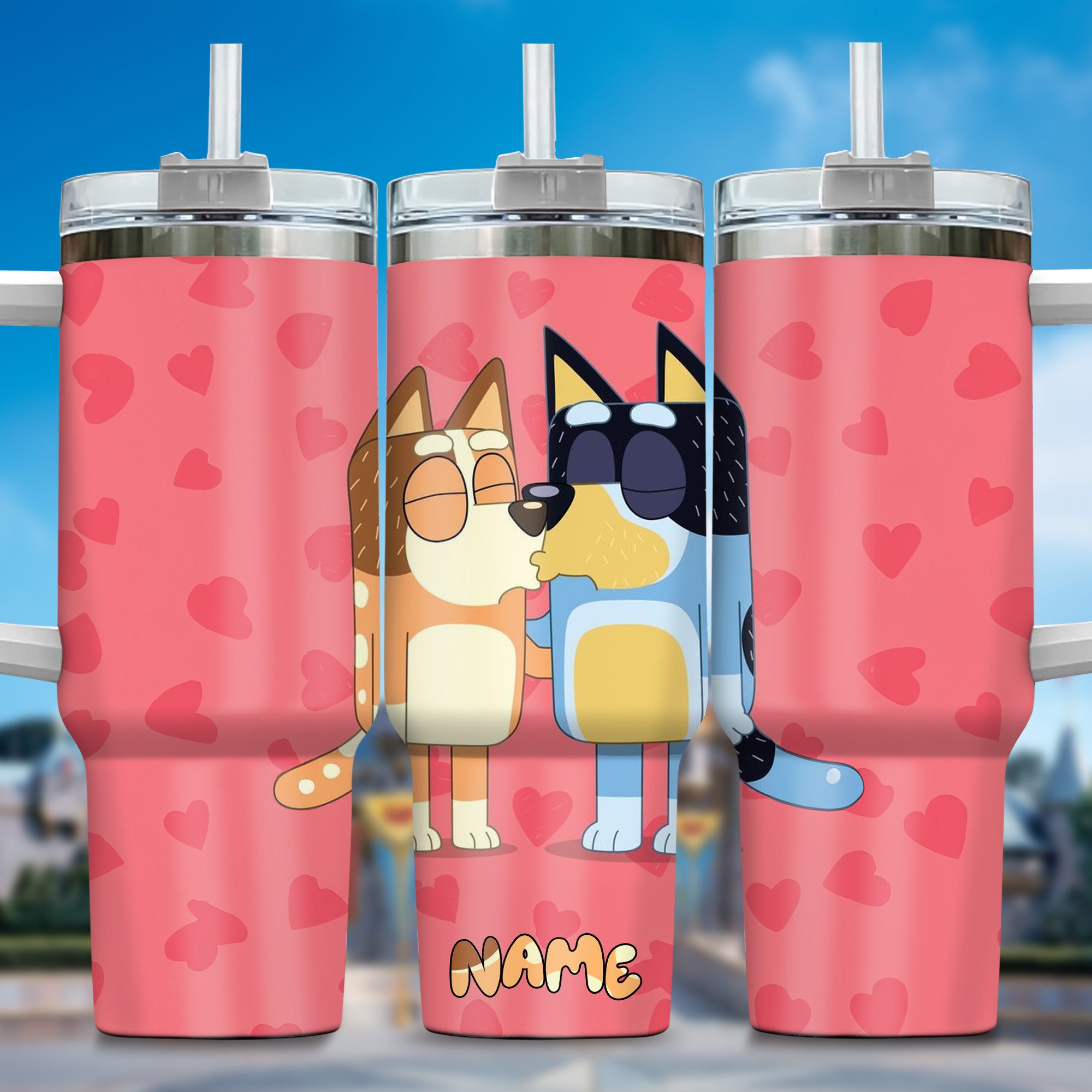 The Family Bluey Cartoon Custom Stanley Quencher 40oz Stainless Steel Tumbler With Handle