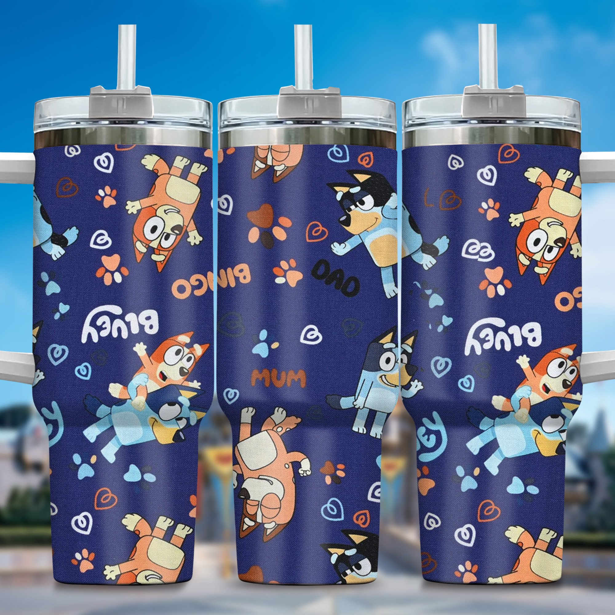 The Family Bluey Cartoon Custom Stanley Quencher 40oz Stainless Steel Tumbler With Handle