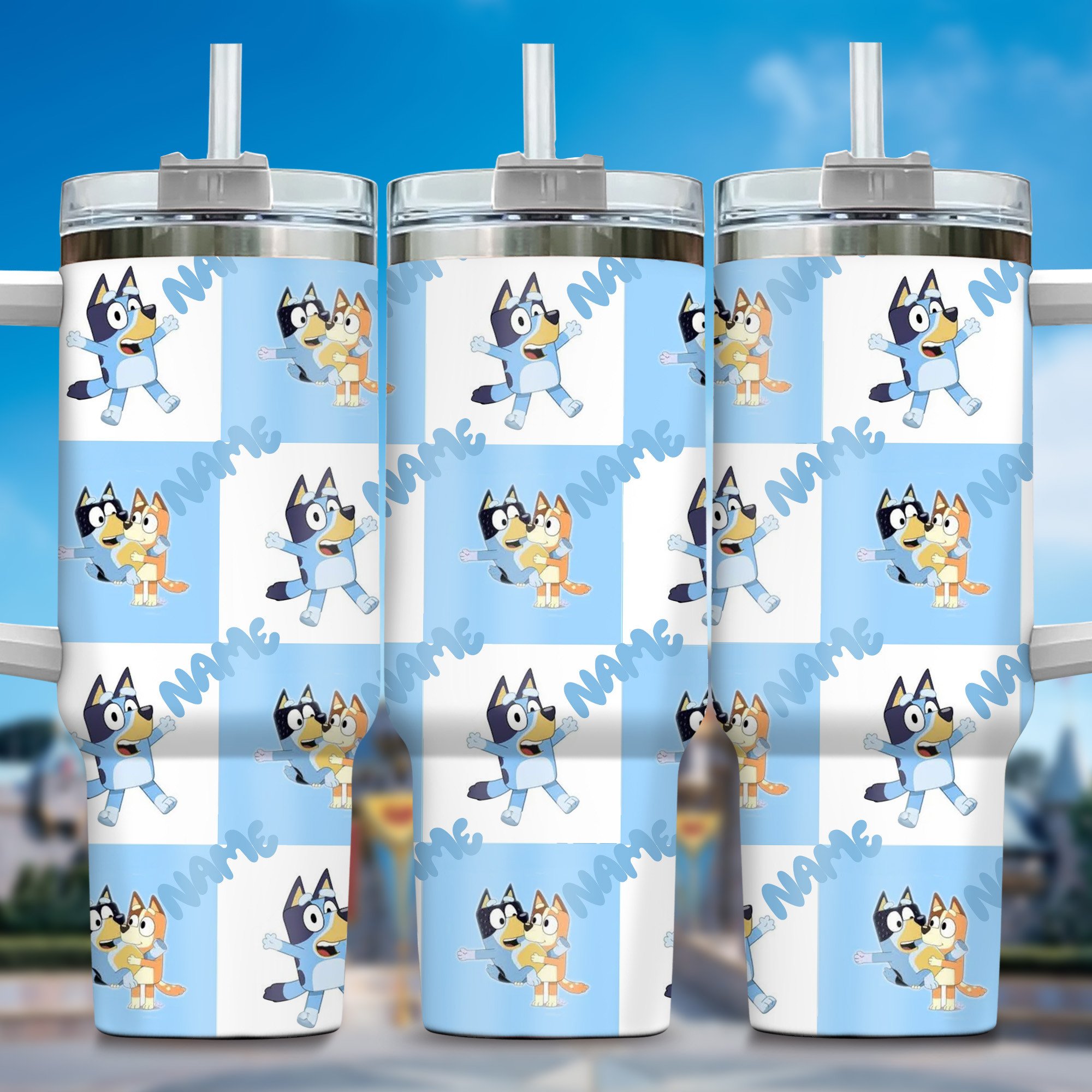 The Family Bluey Cartoon Custom Stanley Quencher 40oz Stainless Steel Tumbler With Handle