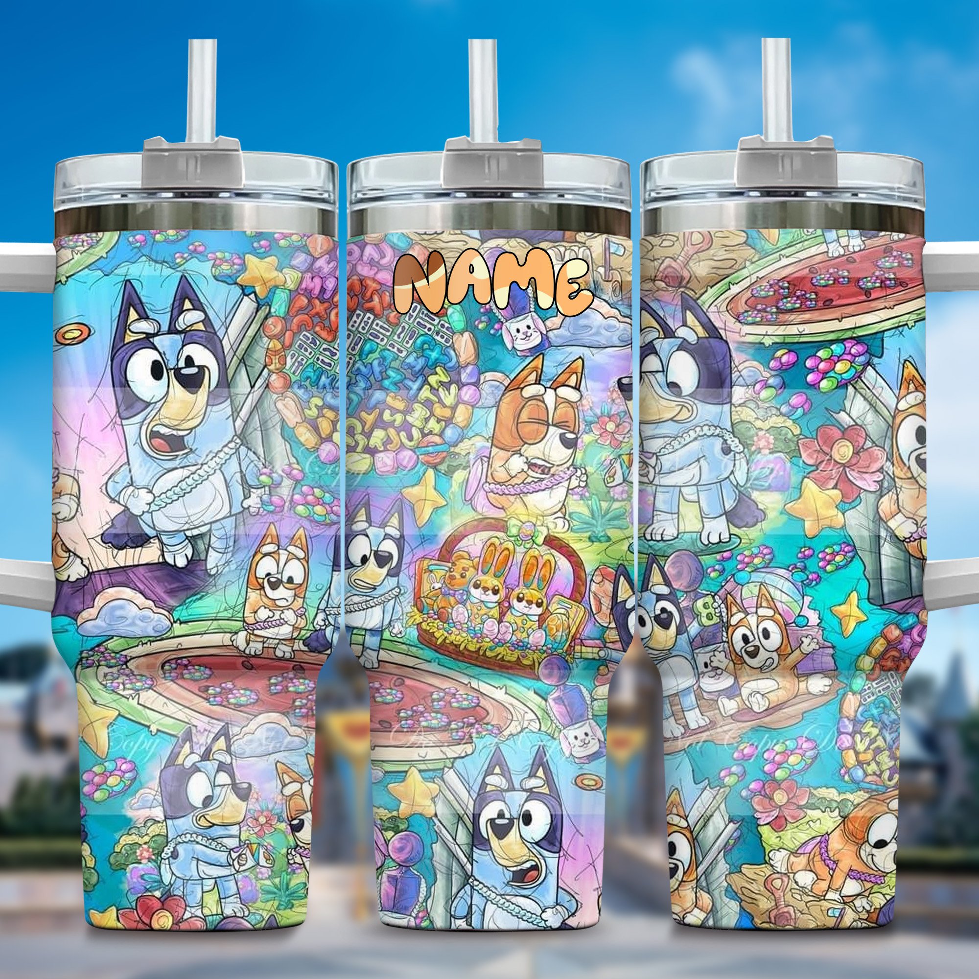 The Family Bluey Cartoon Custom Stanley Quencher 40oz Stainless Steel Tumbler With Handle