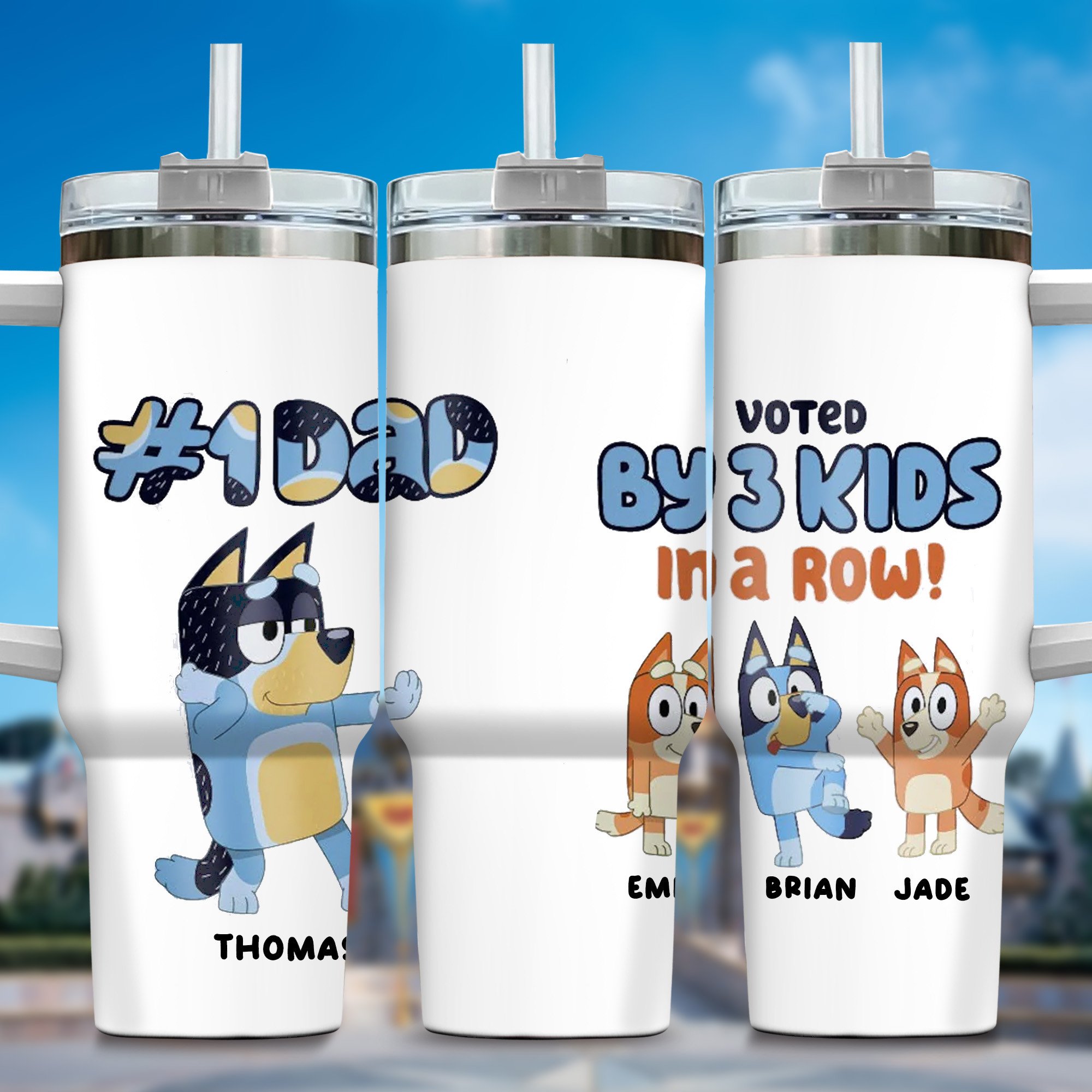 The Family Bluey Cartoon Custom Stanley Quencher 40oz Stainless Steel Tumbler With Handle