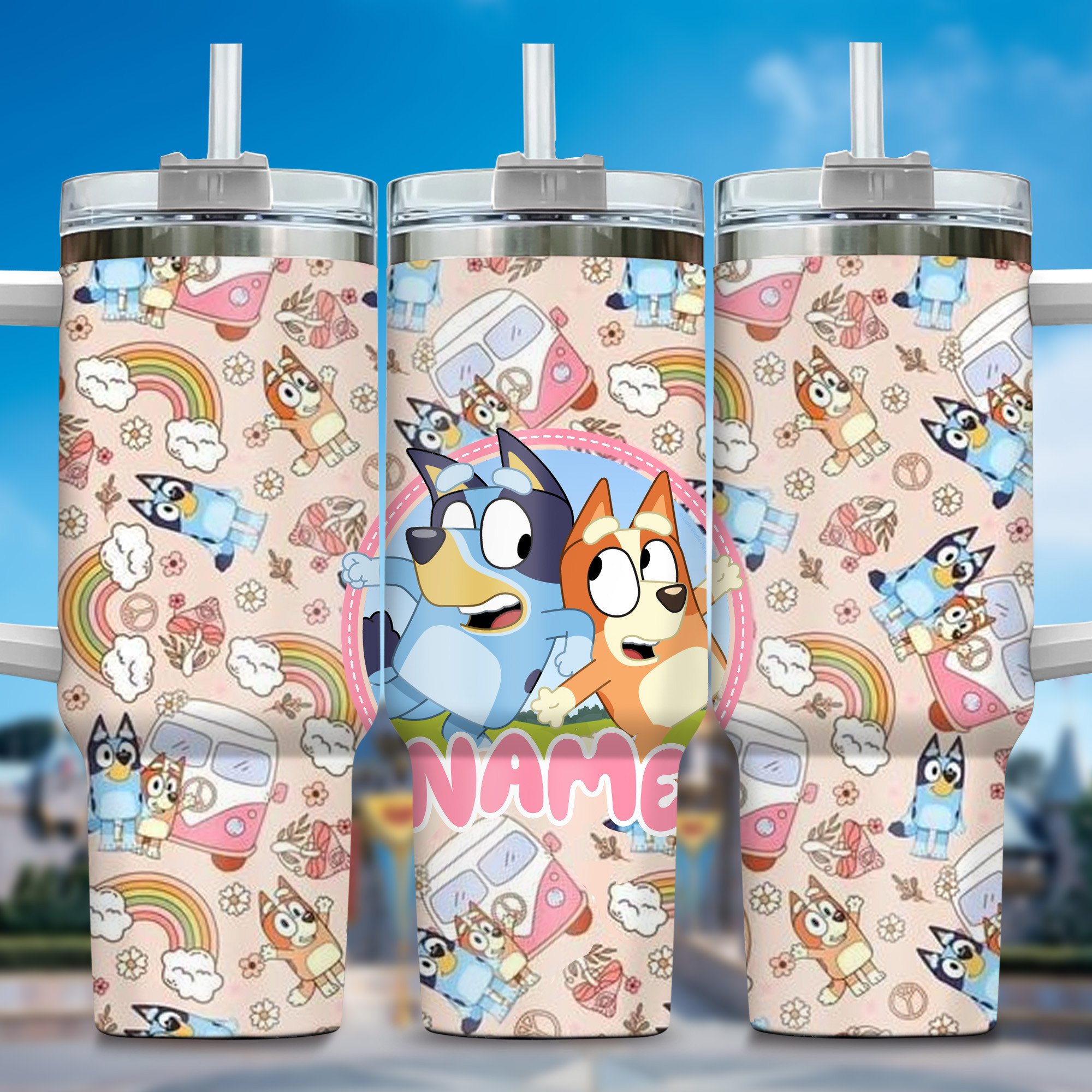 The Family Bluey Cartoon Custom Stanley Quencher 40oz Stainless Steel Tumbler With Handle