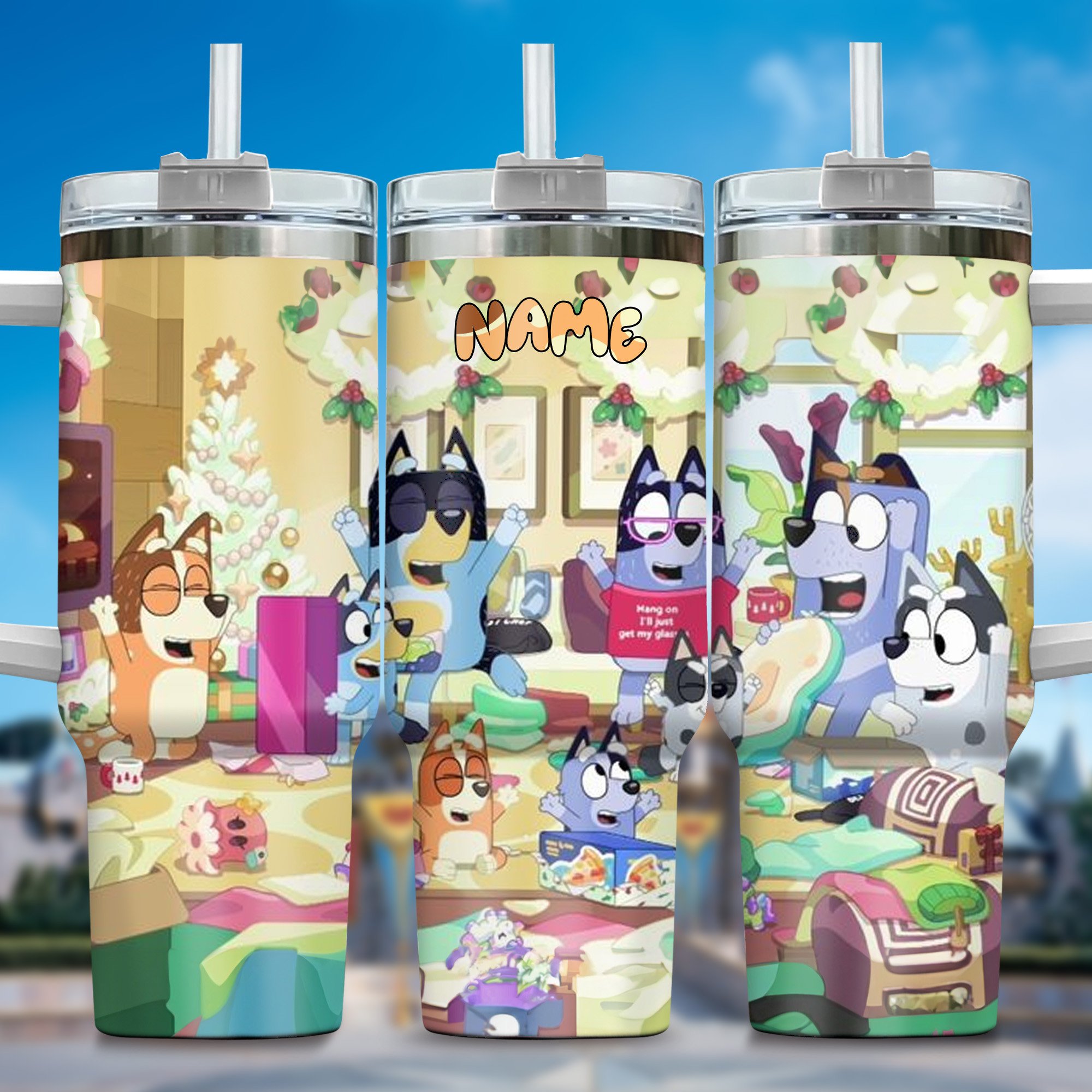 The Family Bluey Cartoon Custom Stanley Quencher 40oz Stainless Steel Tumbler With Handle