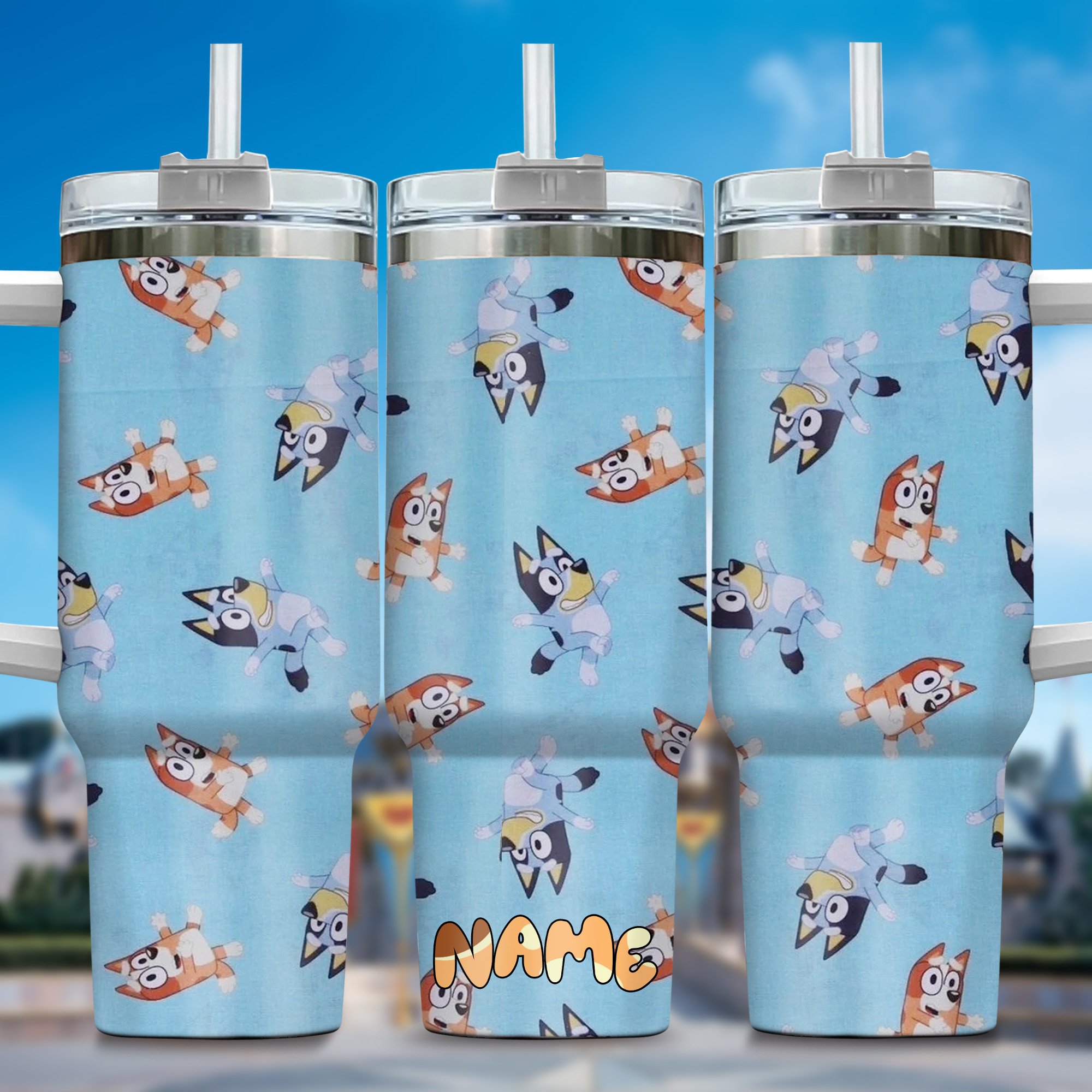 The Family Bluey Cartoon Custom Stanley Quencher 40oz Stainless Steel Tumbler With Handle