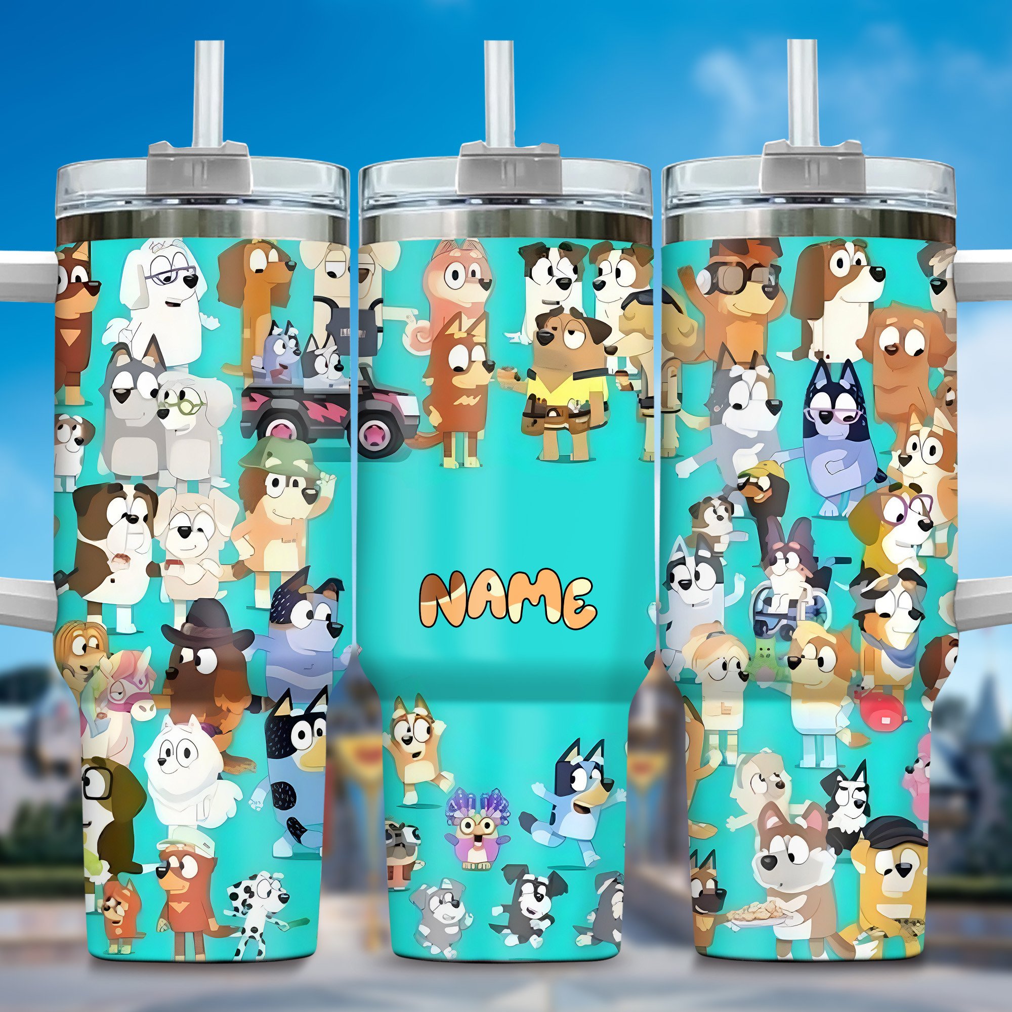 The Family Bluey Cartoon Custom Stanley Quencher 40oz Stainless Steel Tumbler With Handle
