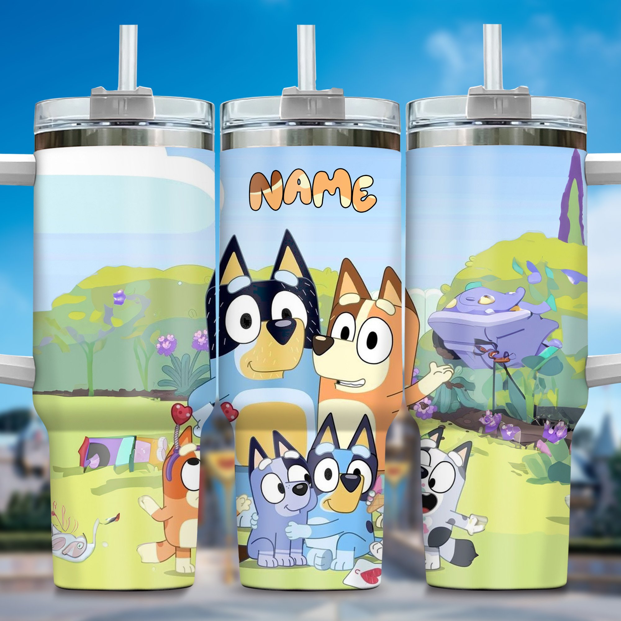 The Family Bluey Cartoon Custom Stanley Quencher 40oz Stainless Steel Tumbler With Handle