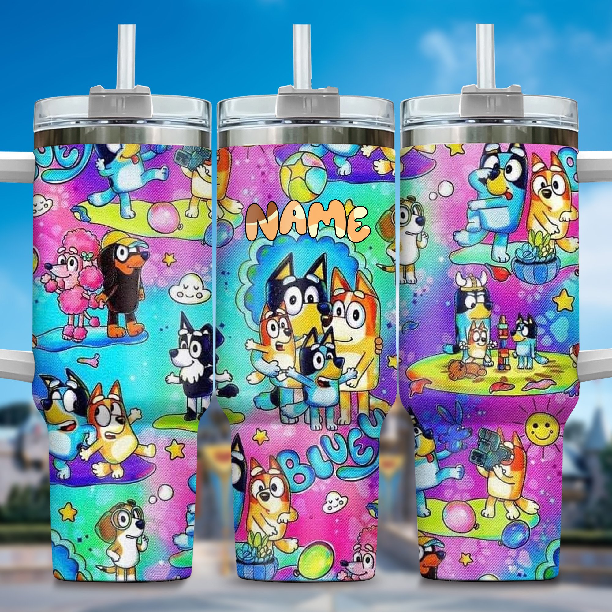 The Family Bluey Cartoon Custom Stanley Quencher 40oz Stainless Steel Tumbler With Handle