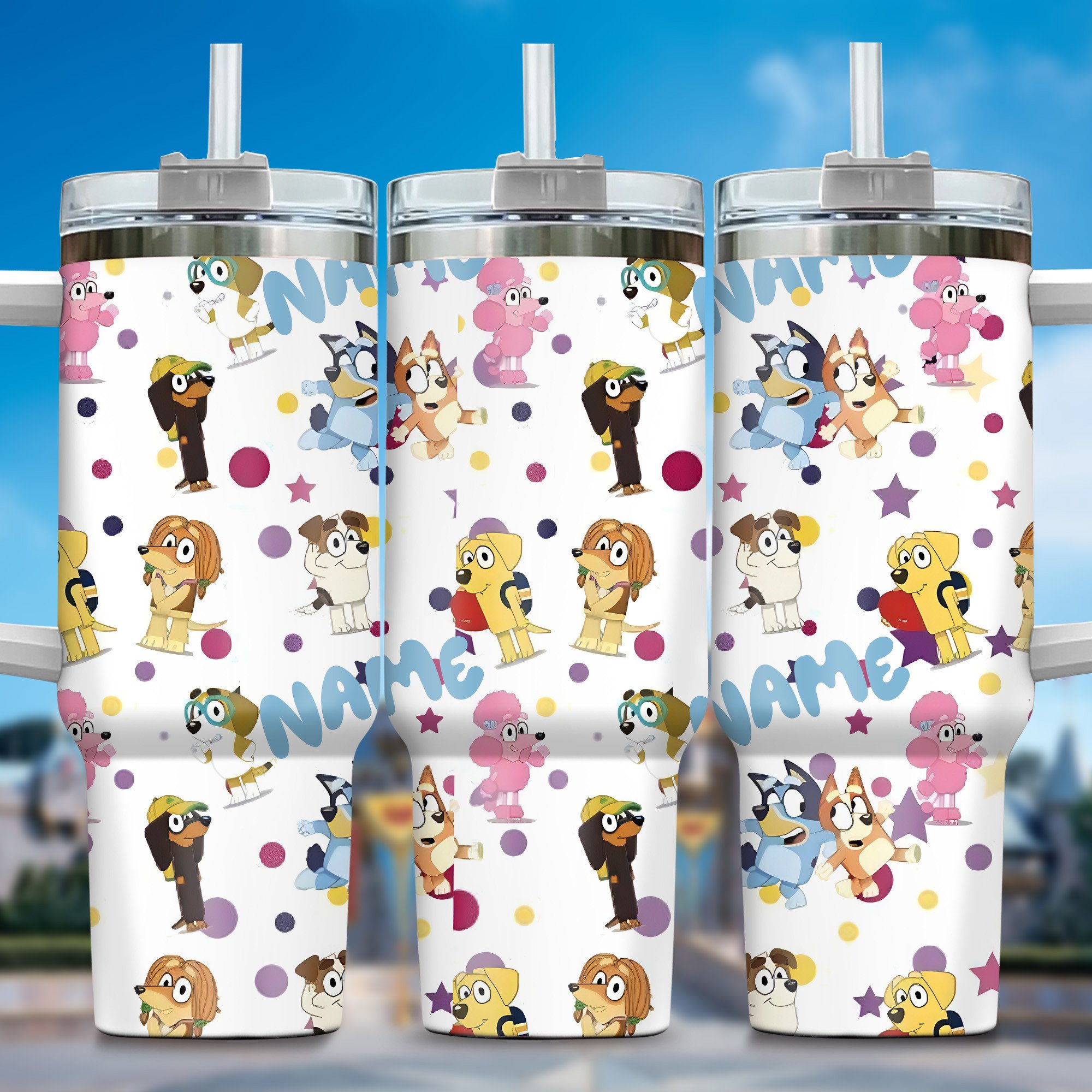 The Family Bluey Cartoon Custom Stanley Quencher 40oz Stainless Steel Tumbler With Handle