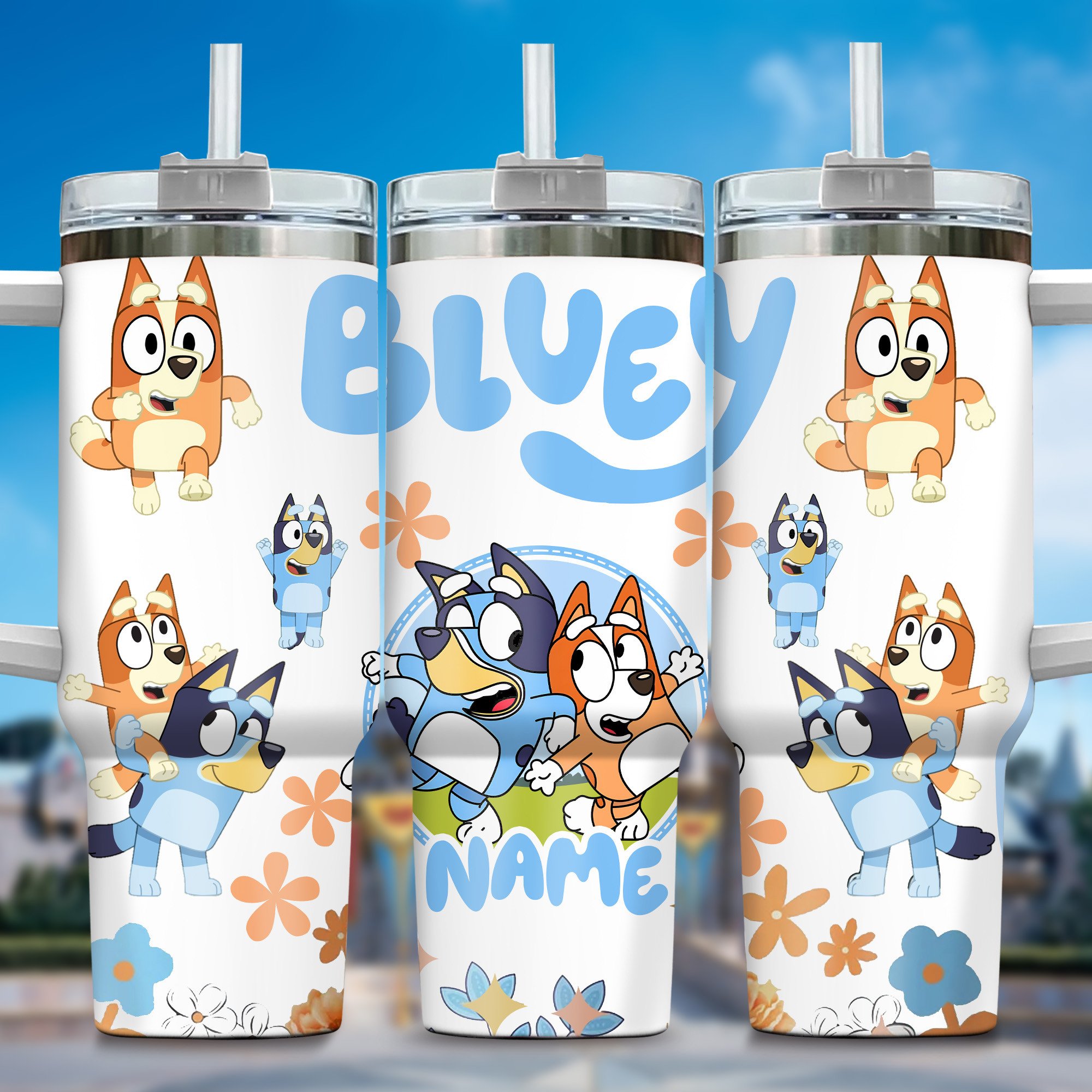 The Family Bluey Cartoon Custom Stanley Quencher 40oz Stainless Steel Tumbler With Handle