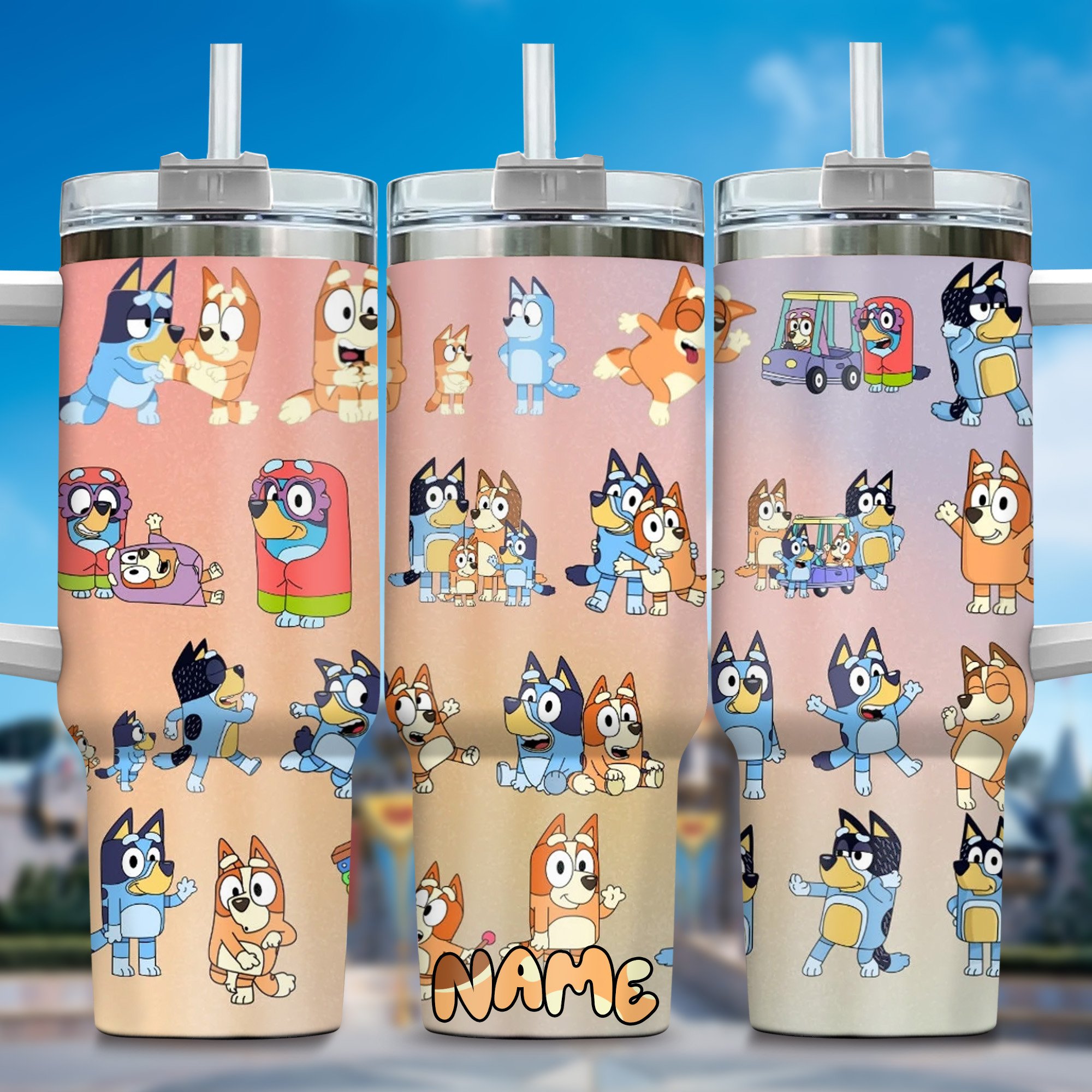 The Family Bluey Cartoon Custom Stanley Quencher 40oz Stainless Steel Tumbler With Handle