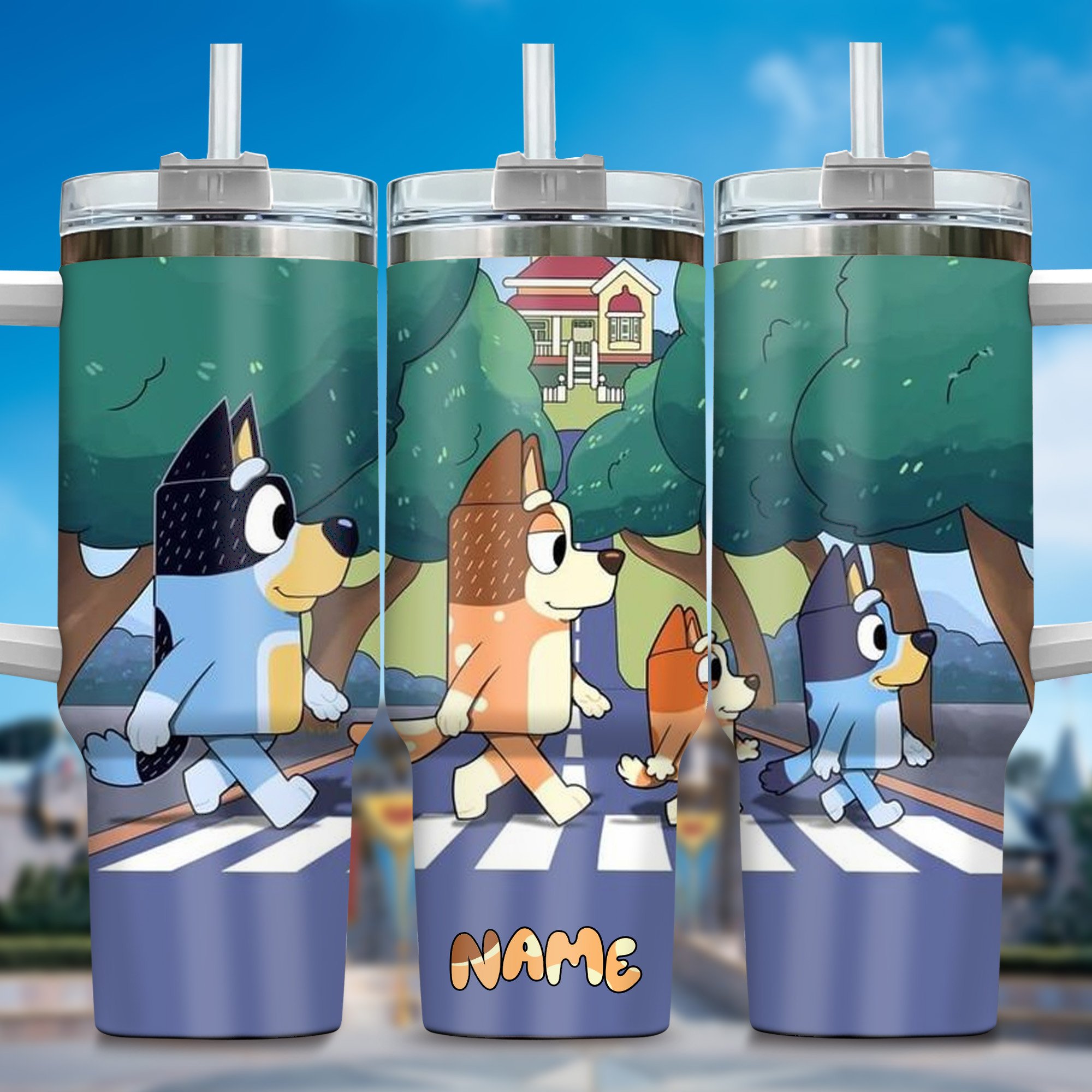 The Family Bluey Cartoon Custom Stanley Quencher 40oz Stainless Steel Tumbler With Handle