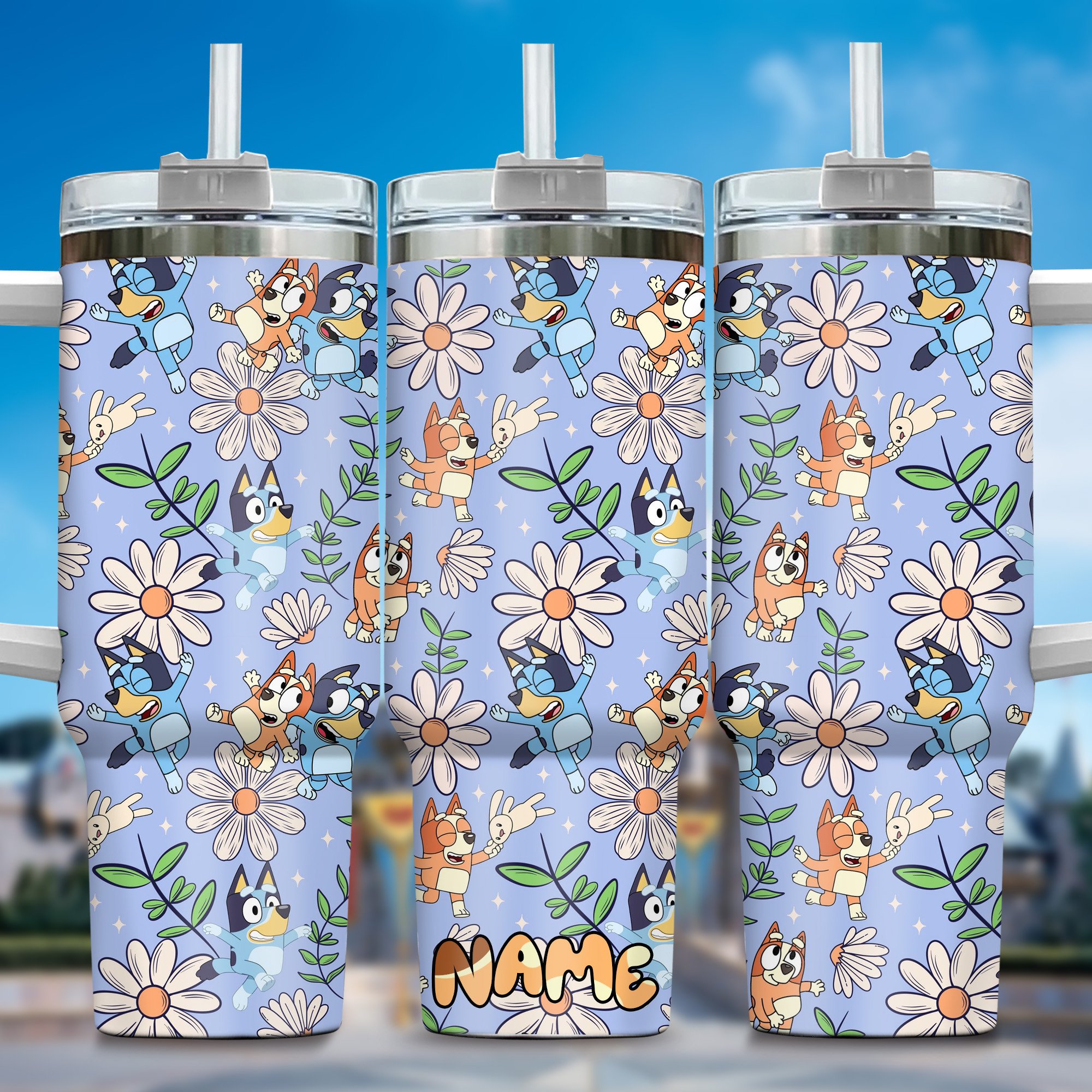 The Family Bluey Cartoon Custom Stanley Quencher 40oz Stainless Steel Tumbler With Handle