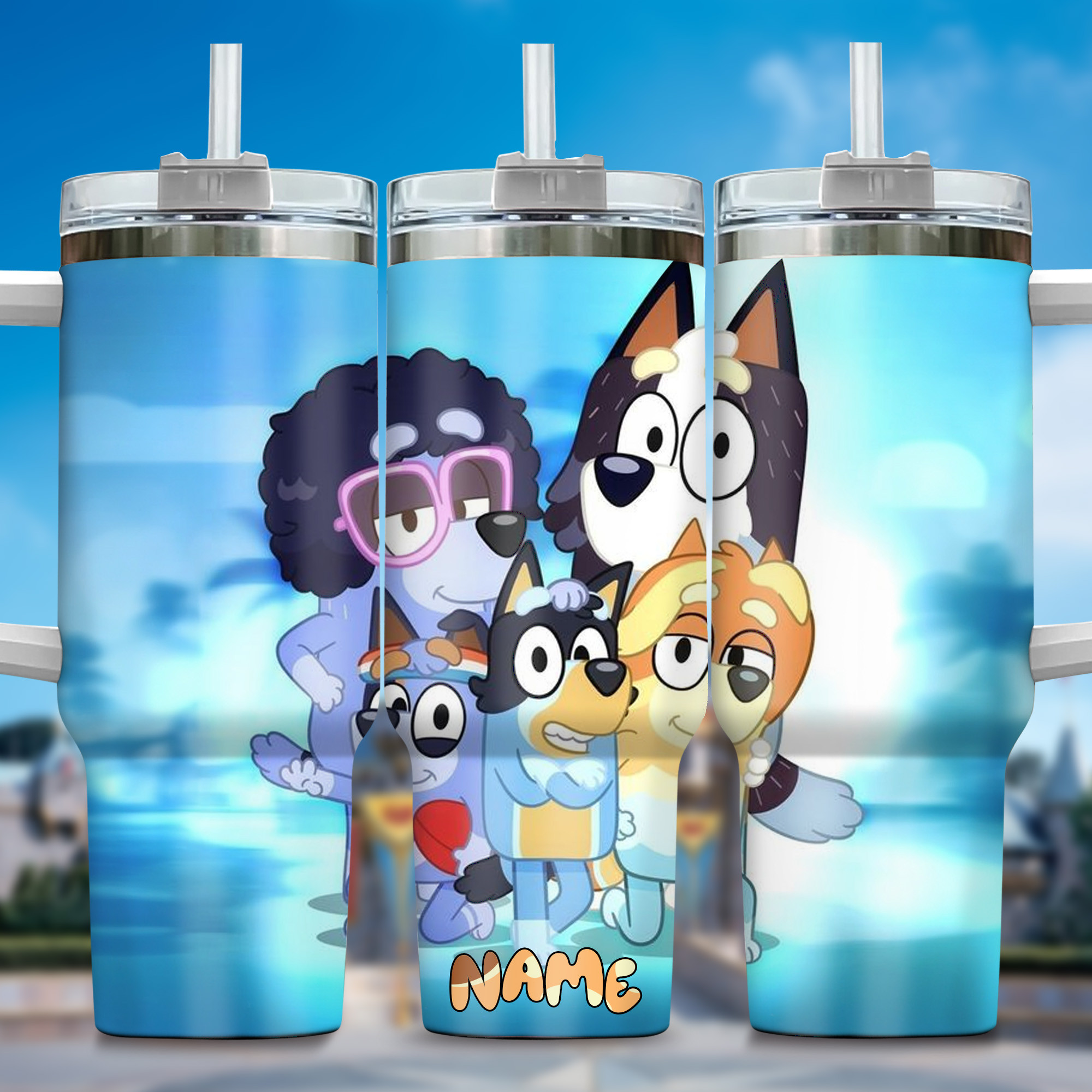 The Family Bluey Cartoon Custom Stanley Quencher 40oz Stainless Steel Tumbler With Handle