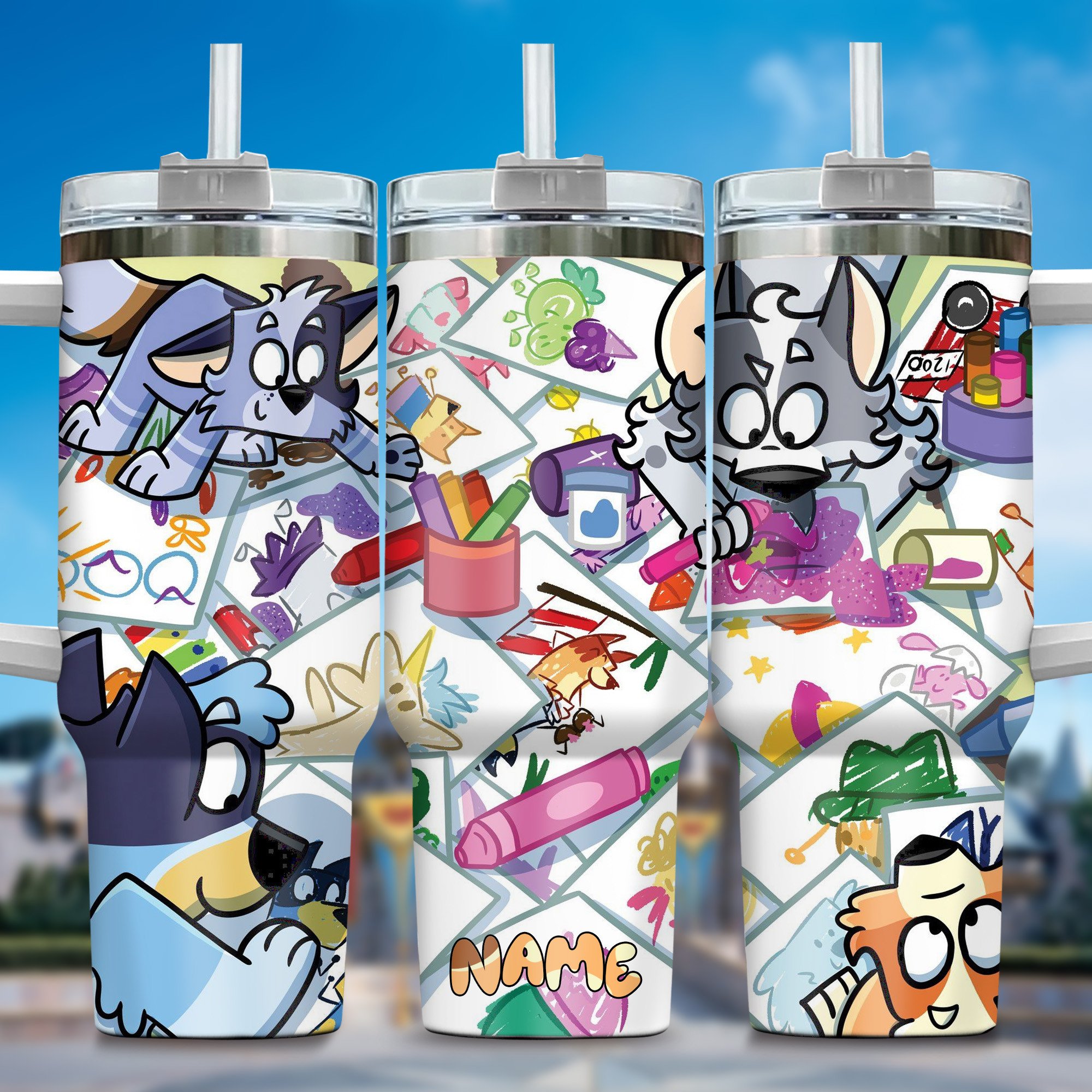 The Family Bluey Cartoon Custom Stanley Quencher 40oz Stainless Steel Tumbler With Handle