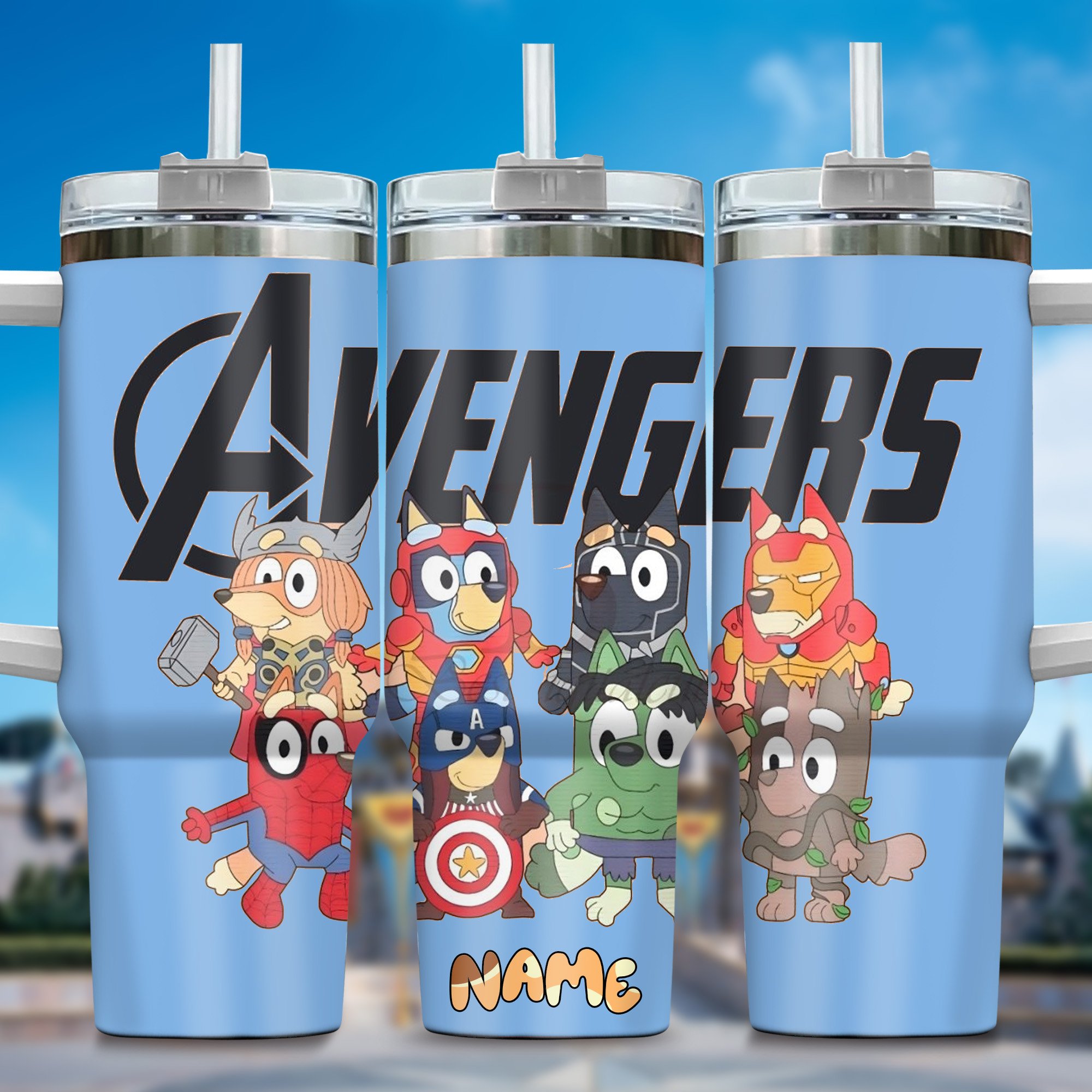 The Family Bluey Cartoon Custom Stanley Quencher 40oz Stainless Steel Tumbler With Handle