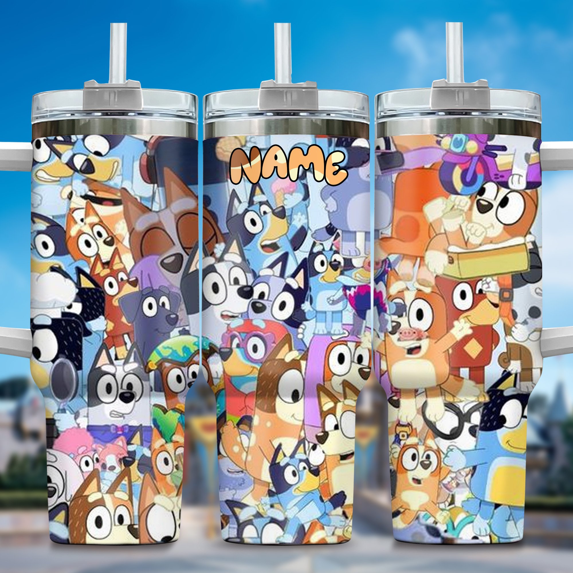 The Family Bluey Cartoon Custom Stanley Quencher 40oz Stainless Steel Tumbler With Handle