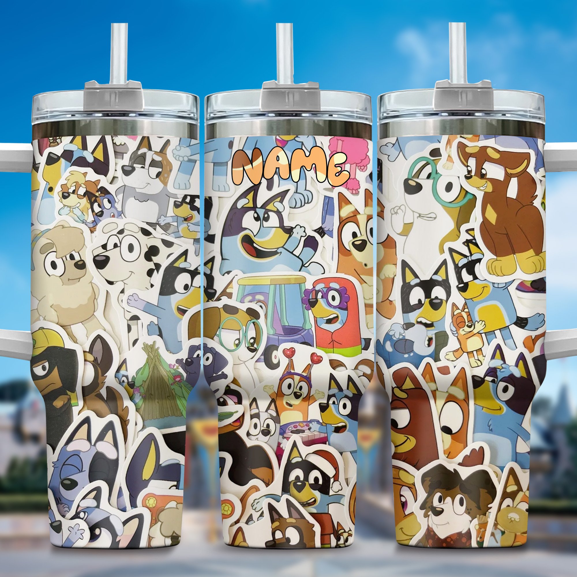 The Family Bluey Cartoon Custom Stanley Quencher 40oz Stainless Steel Tumbler With Handle