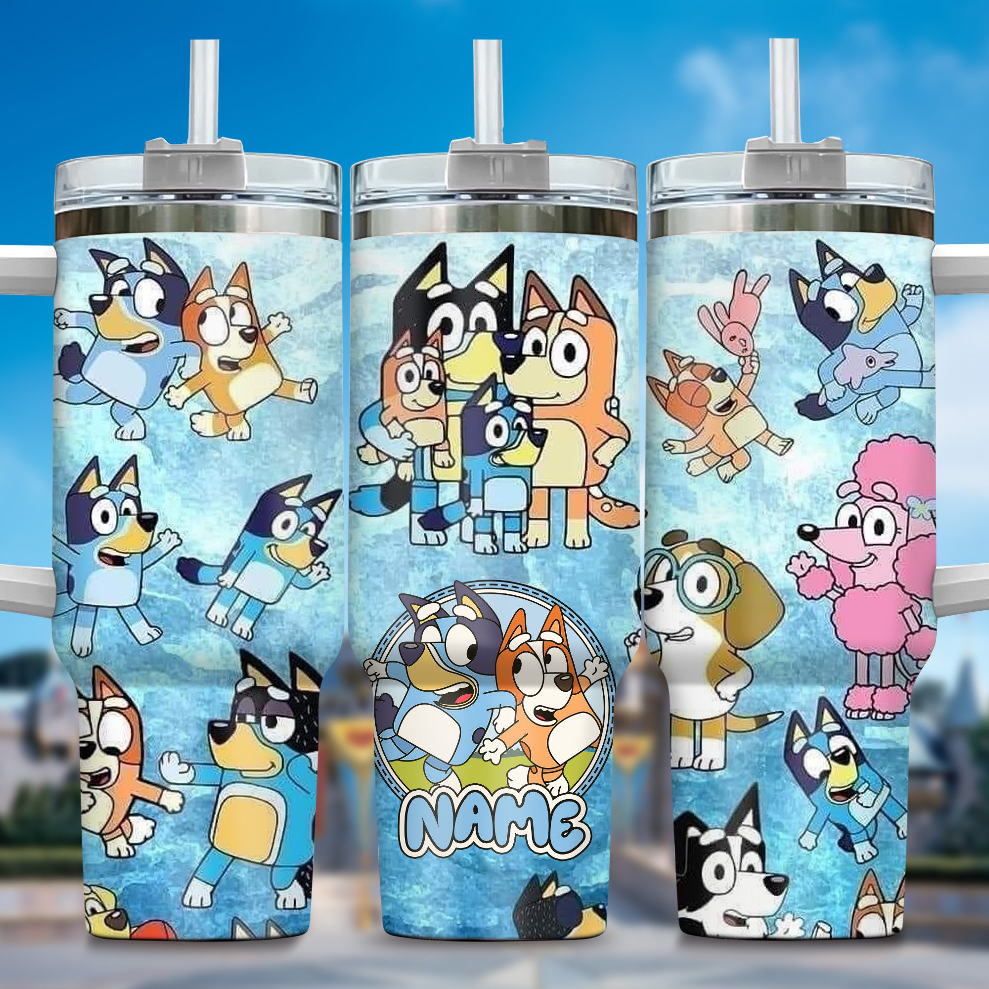 The Family Bluey Cartoon Custom Stanley Quencher 40oz Stainless Steel Tumbler With Handle