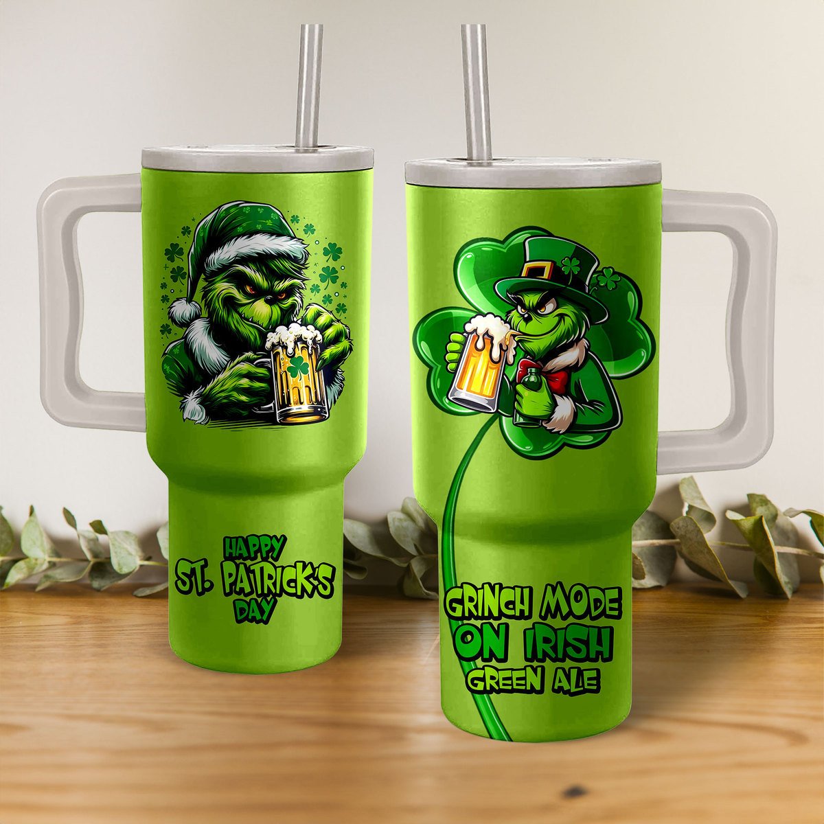 The Grinch St. Patrick's Day Movies Custom Stanley Quencher 40oz Stainless Steel Tumbler With Handle