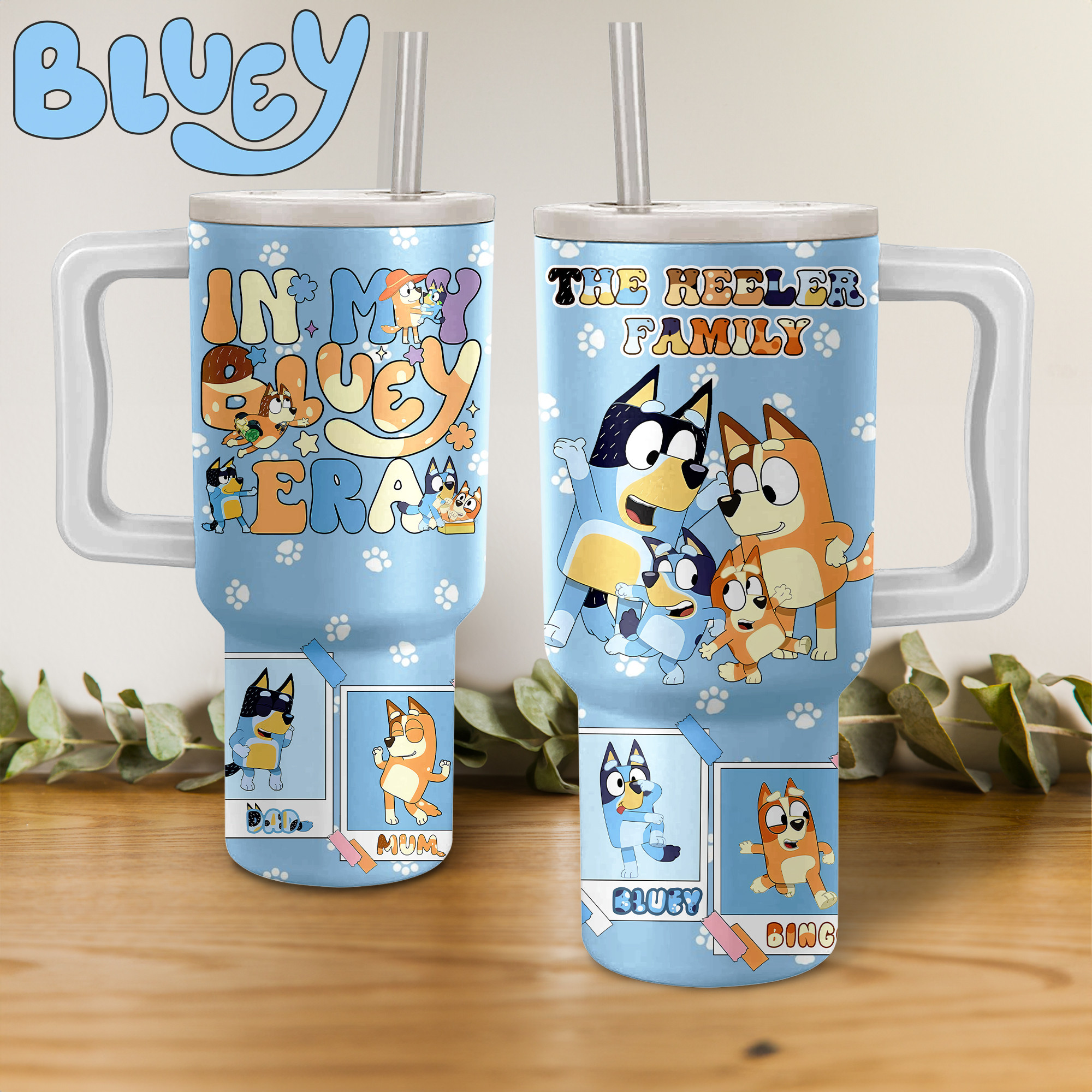 The Heeler Family Bluey Cartoon Custom Stanley Quencher 40oz Stainless Steel Tumbler With Handle