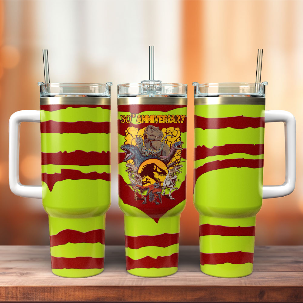 The Jurassic Park 30th Anniversary Movie Custom Stanley Quencher 40oz Stainless Steel Tumbler With Handle