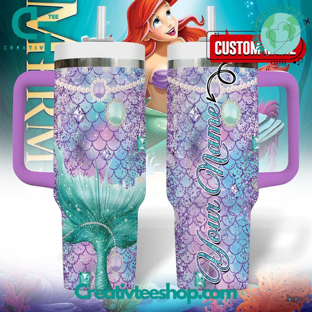 The Little Mermaid Cartoon Custom Stanley Quencher 40oz Stainless Steel Tumbler With Handle