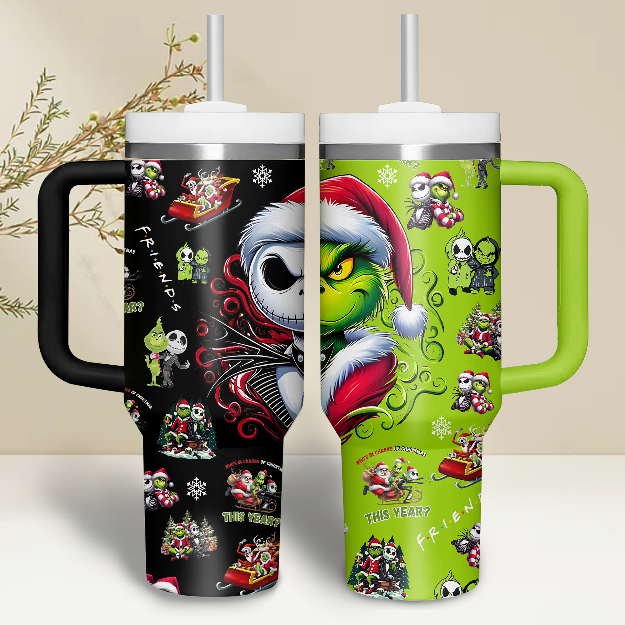 The Nightmare Before Christmas And Grinch Movies Custom Stanley Quencher 40oz Stainless Steel Tumbler With Handle