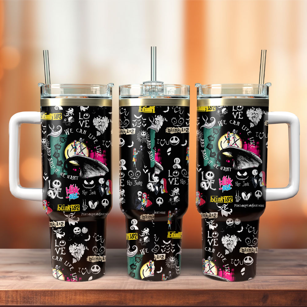The Nightmare Before Christmas Movie And Blink 182 Music Custom Stanley Quencher 40oz Stainless Steel Tumbler With Handle