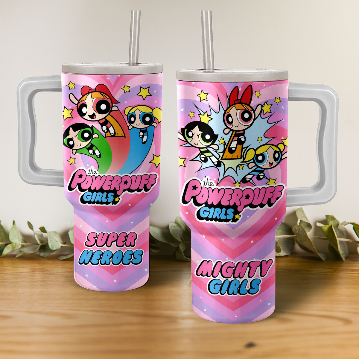The Powerpuff Girls Cartoon Custom Stanley Quencher 40oz Stainless Steel Tumbler With Handle