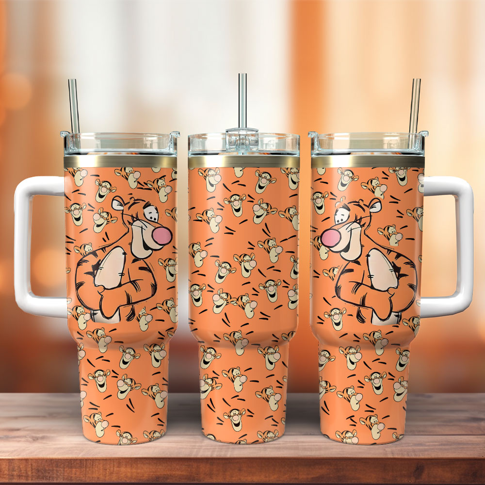 Tigger Winnie The Pooh Cartoon Custom Stanley Quencher 40oz Stainless Steel Tumbler With Handle