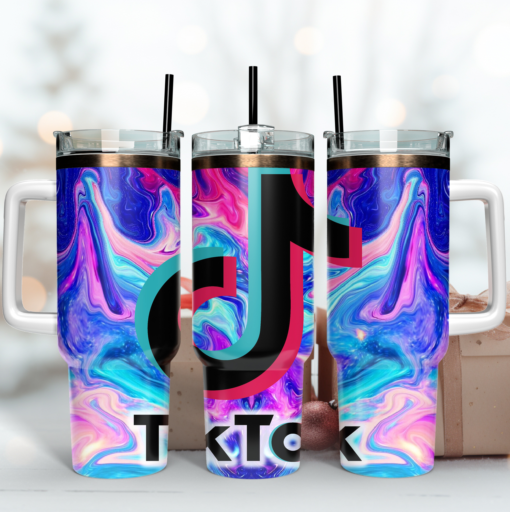 TikTok Logo Custom Stanley Quencher 40oz Stainless Steel Tumbler With Handle