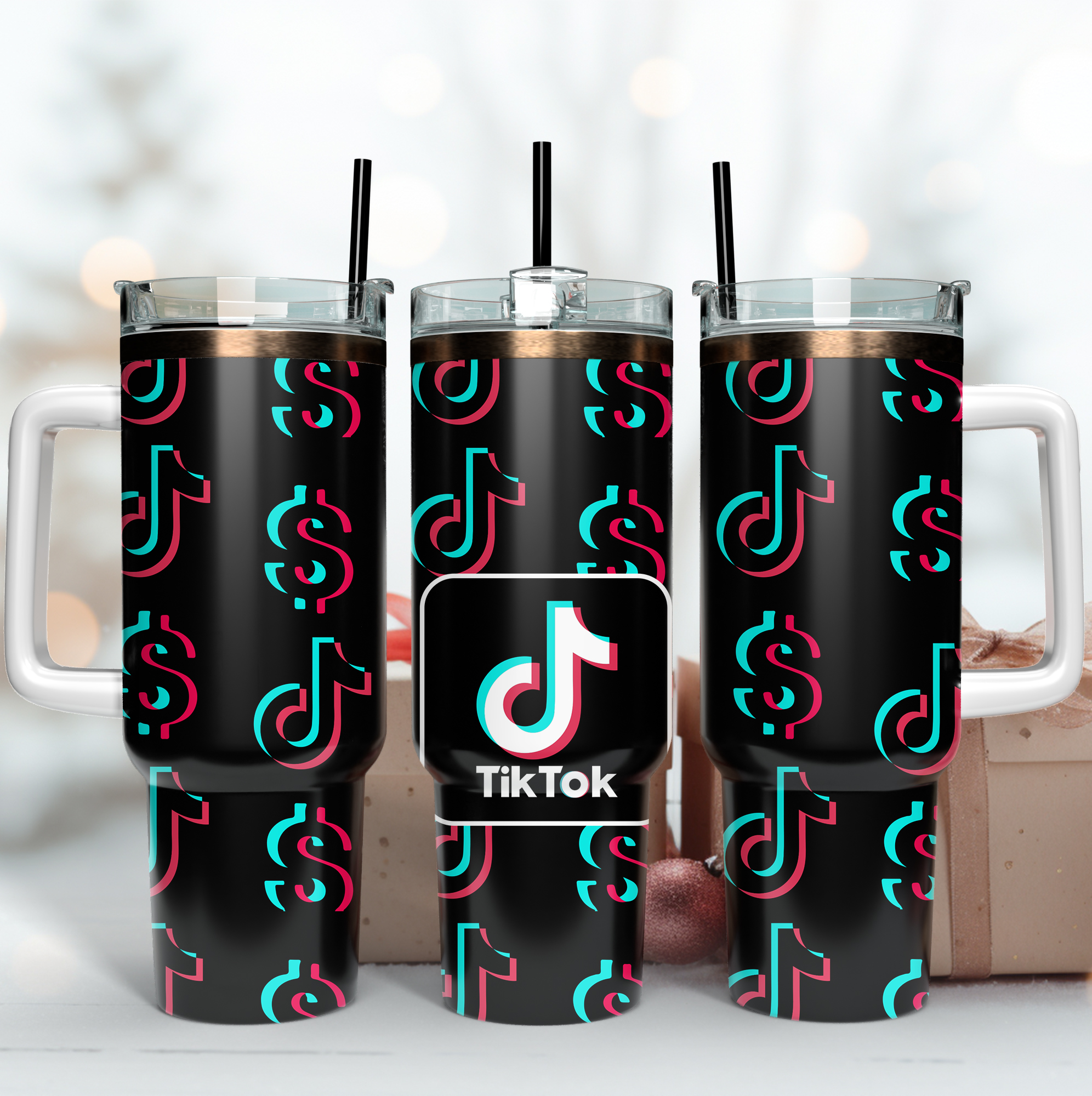 TikTok Logo Custom Stanley Quencher 40oz Stainless Steel Tumbler With Handle