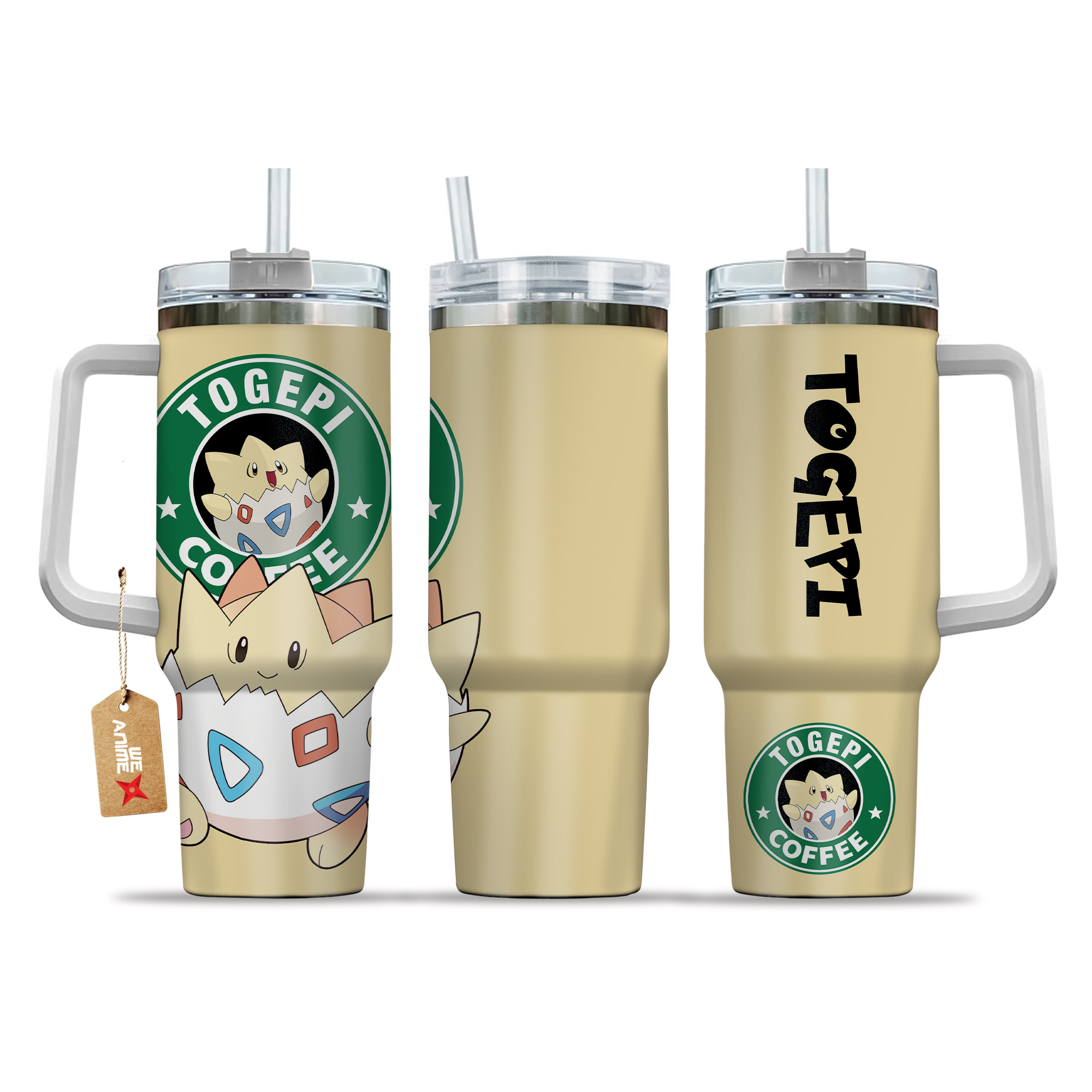 Togepi Coffee Pokemon Anime Custom Stanley Quencher 40oz Stainless Steel Tumbler With Handle