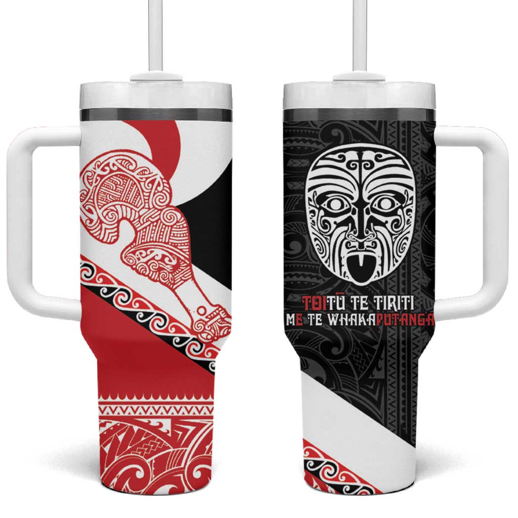 Toitu Te Tiriti Me Te Whakaputanga Maori Wahaika With Haka Face Custom Stanley Quencher 40oz Stainless Steel Tumbler With Handle